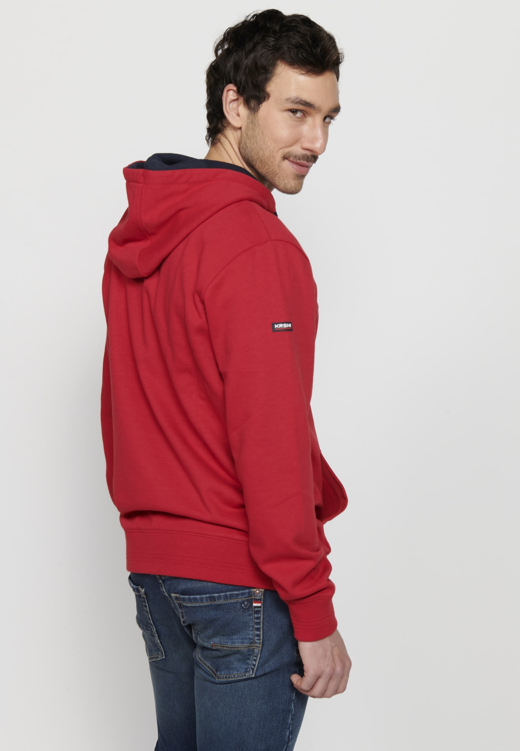 Men's Red Color Long Sleeve Hooded Sweatshirt with Front Embossed Detail 7