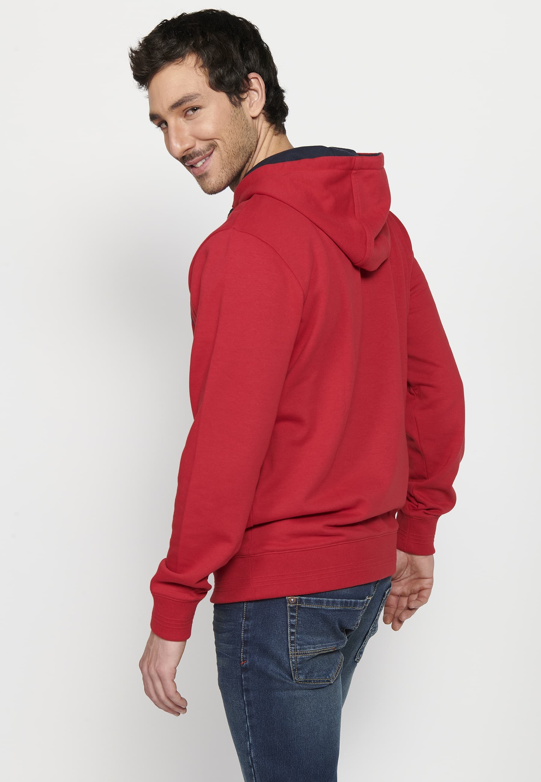 Men's Red Color Long Sleeve Hooded Sweatshirt with Front Embossed Detail 6