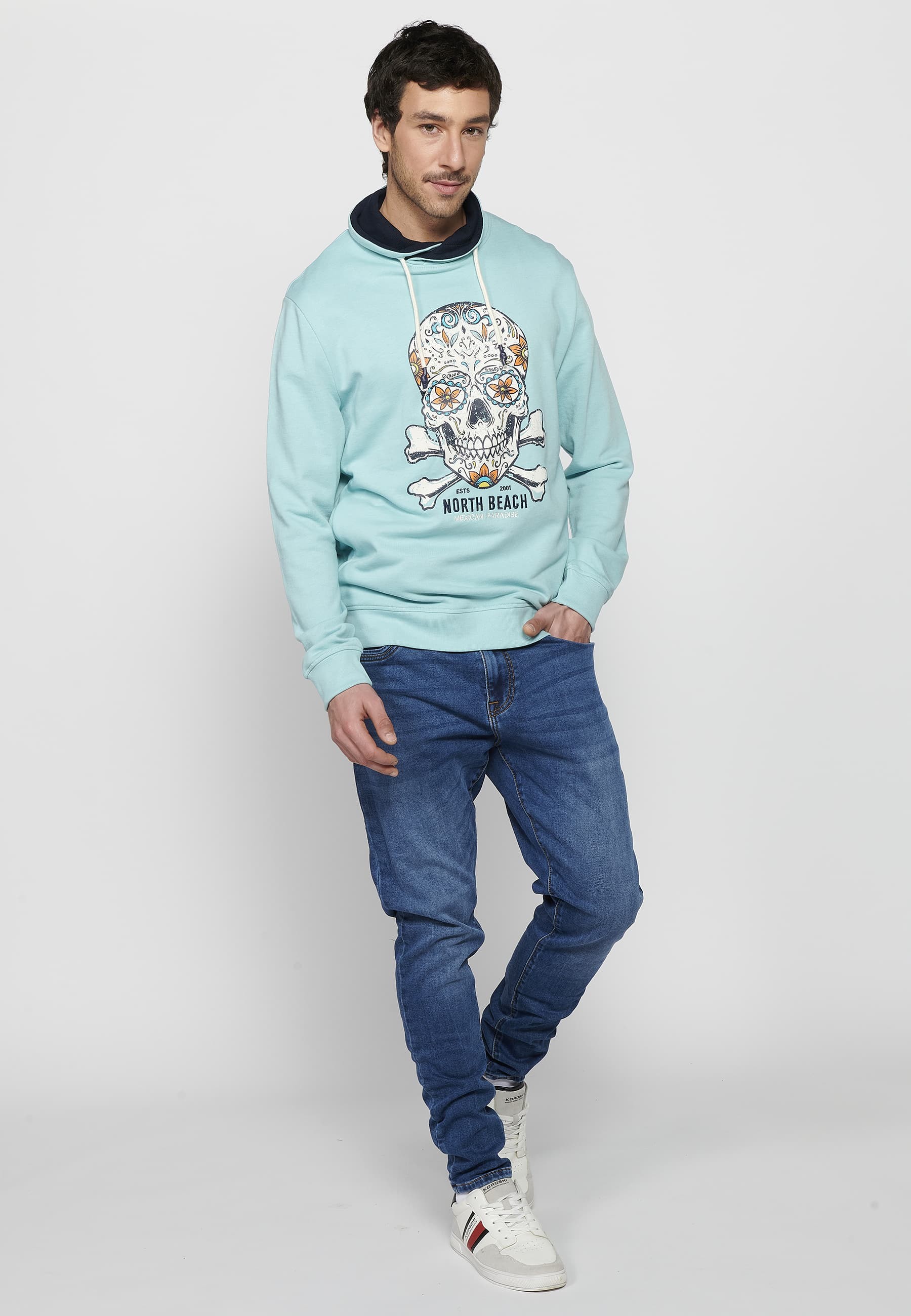 Blaues, langärmliges Herren-Sweatshirt mit Kordelzug und verstellbarem Rollkragenpullover, vorne bedruckt 1