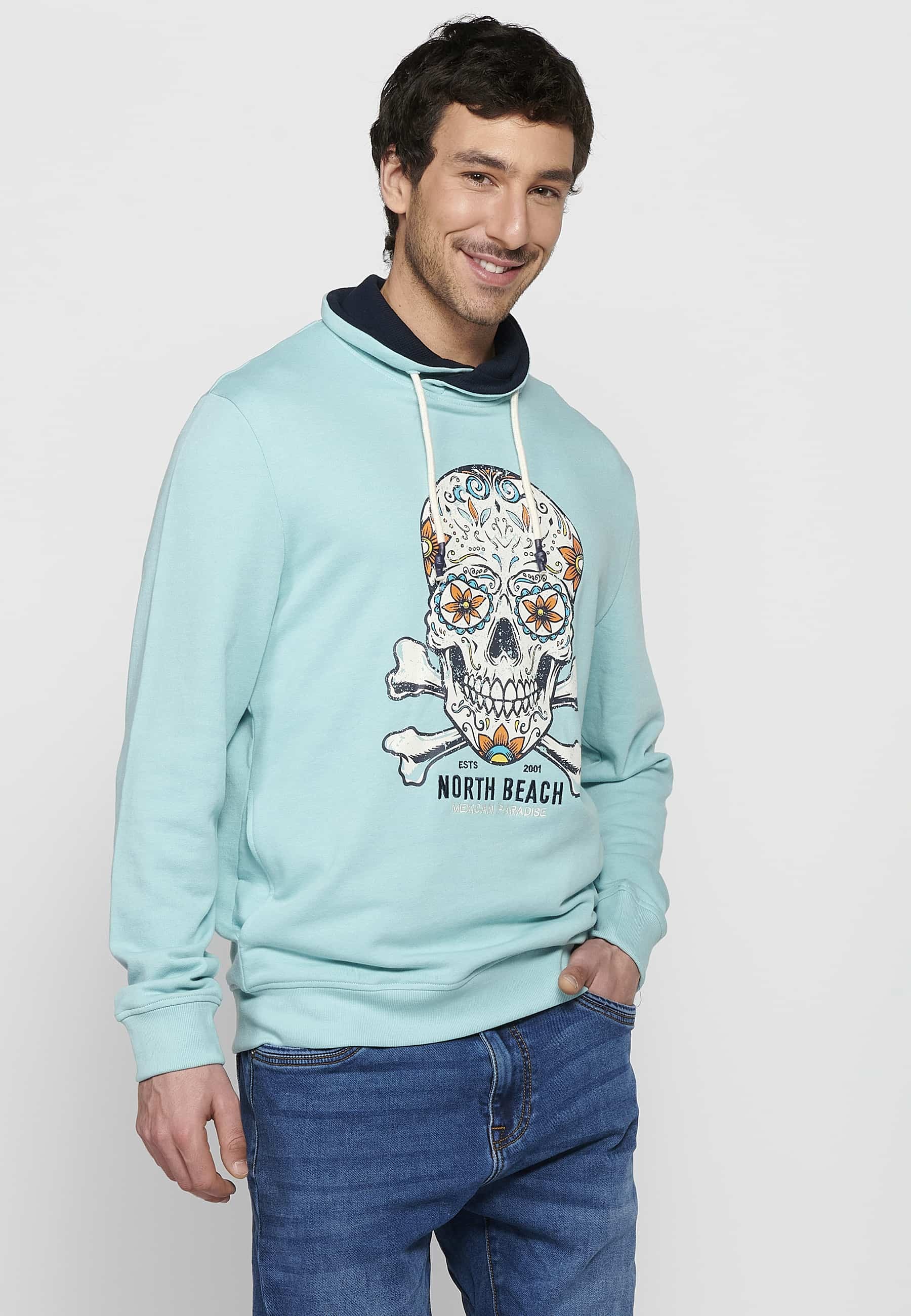 Blaues, langärmliges Herren-Sweatshirt mit Kordelzug und verstellbarem Rollkragenpullover, vorne bedruckt 3