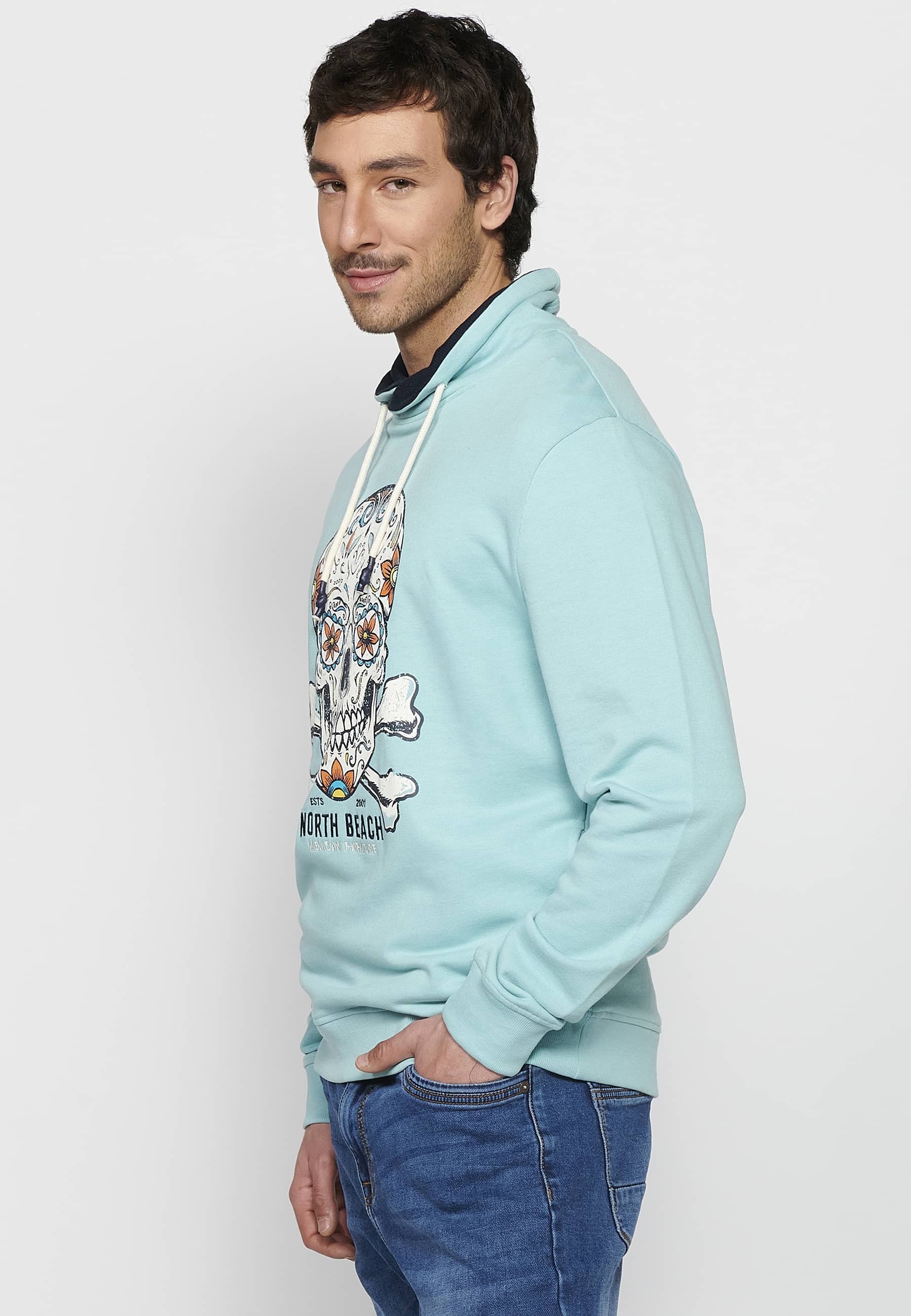 Sweat-shirt bleu à manches longues et col roulé réglable avec cordon de serrage imprimé sur le devant pour hommes 7