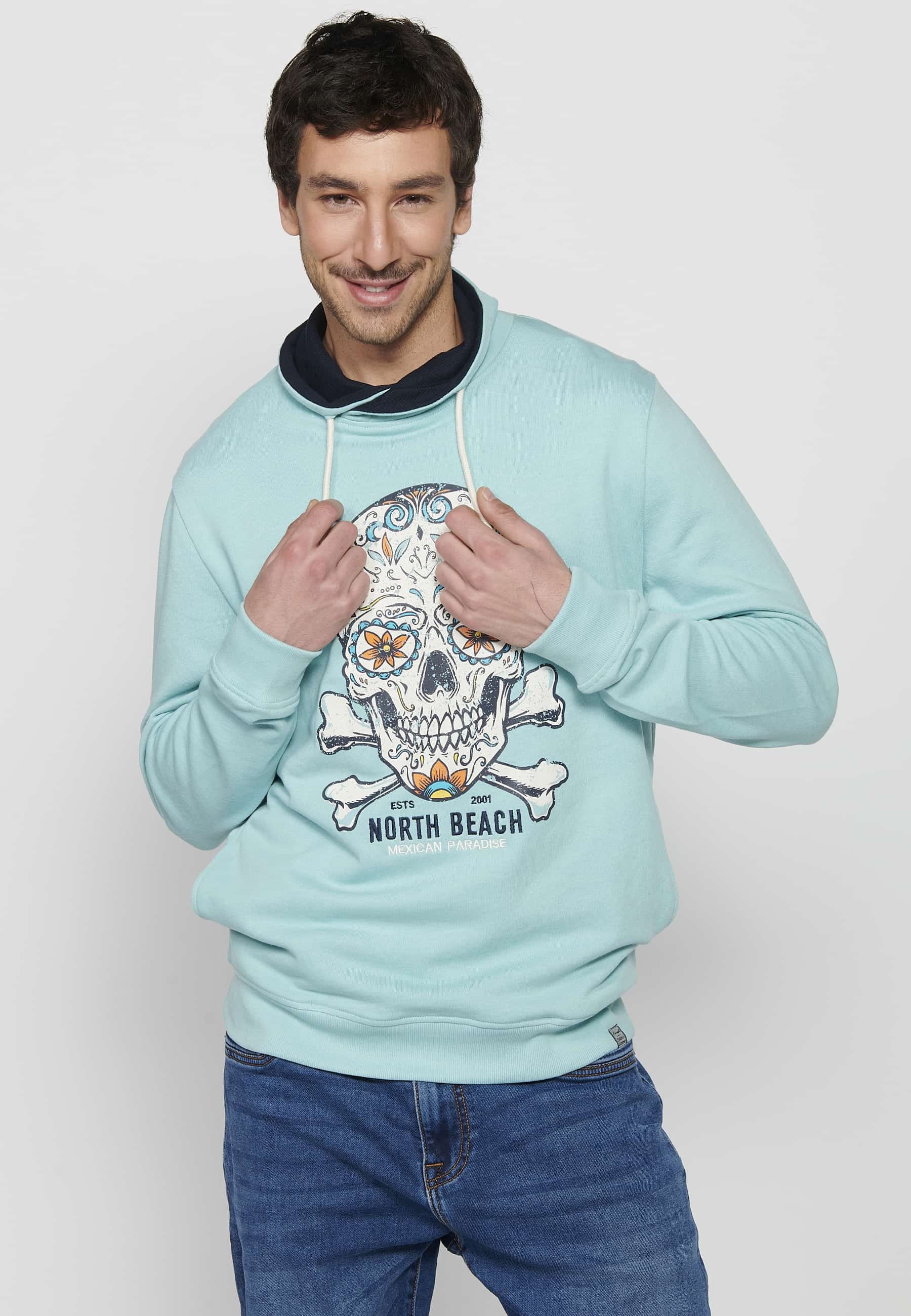 Blaues, langärmliges Herren-Sweatshirt mit Kordelzug und verstellbarem Rollkragenpullover, vorne bedruckt 5