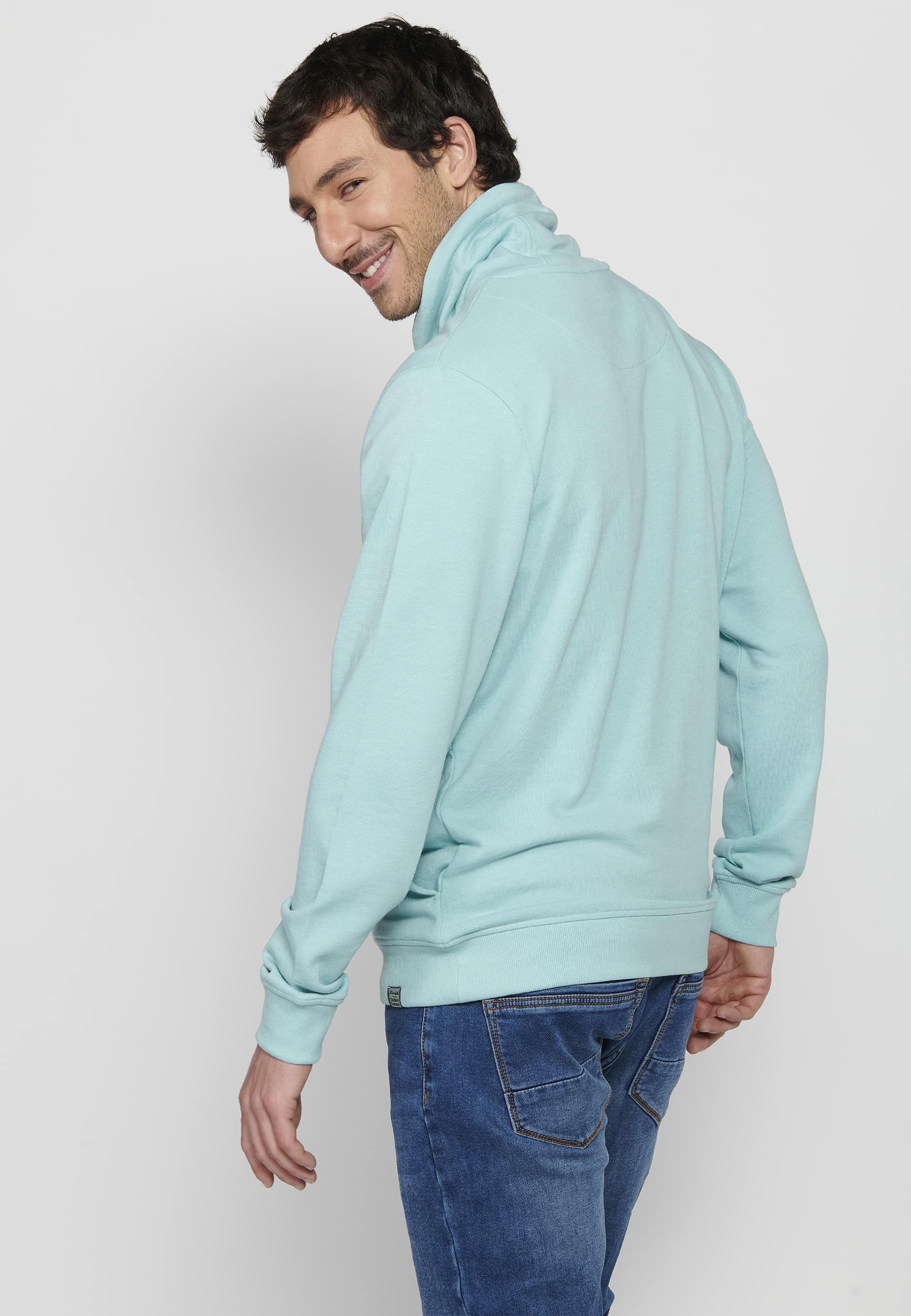 Blaues, langärmliges Herren-Sweatshirt mit Kordelzug und verstellbarem Rollkragenpullover, vorne bedruckt 6