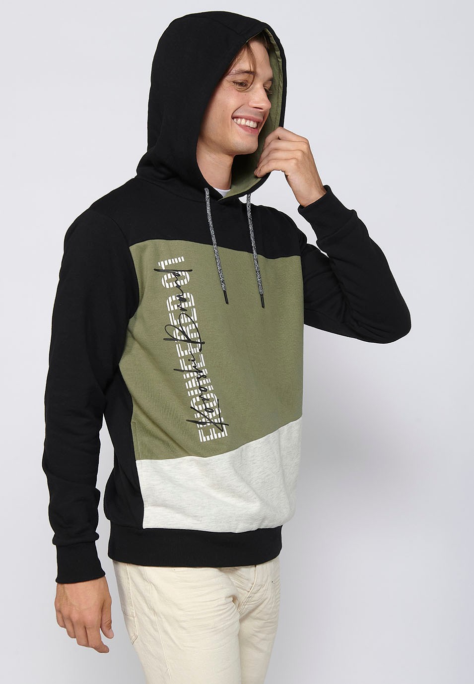Long-sleeved sweatshirt with hooded collar and front details in Khaki color for Men