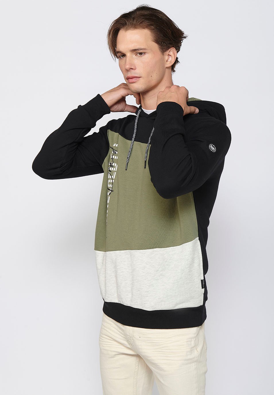 Long-sleeved sweatshirt with hooded collar and front details in Khaki color for Men
