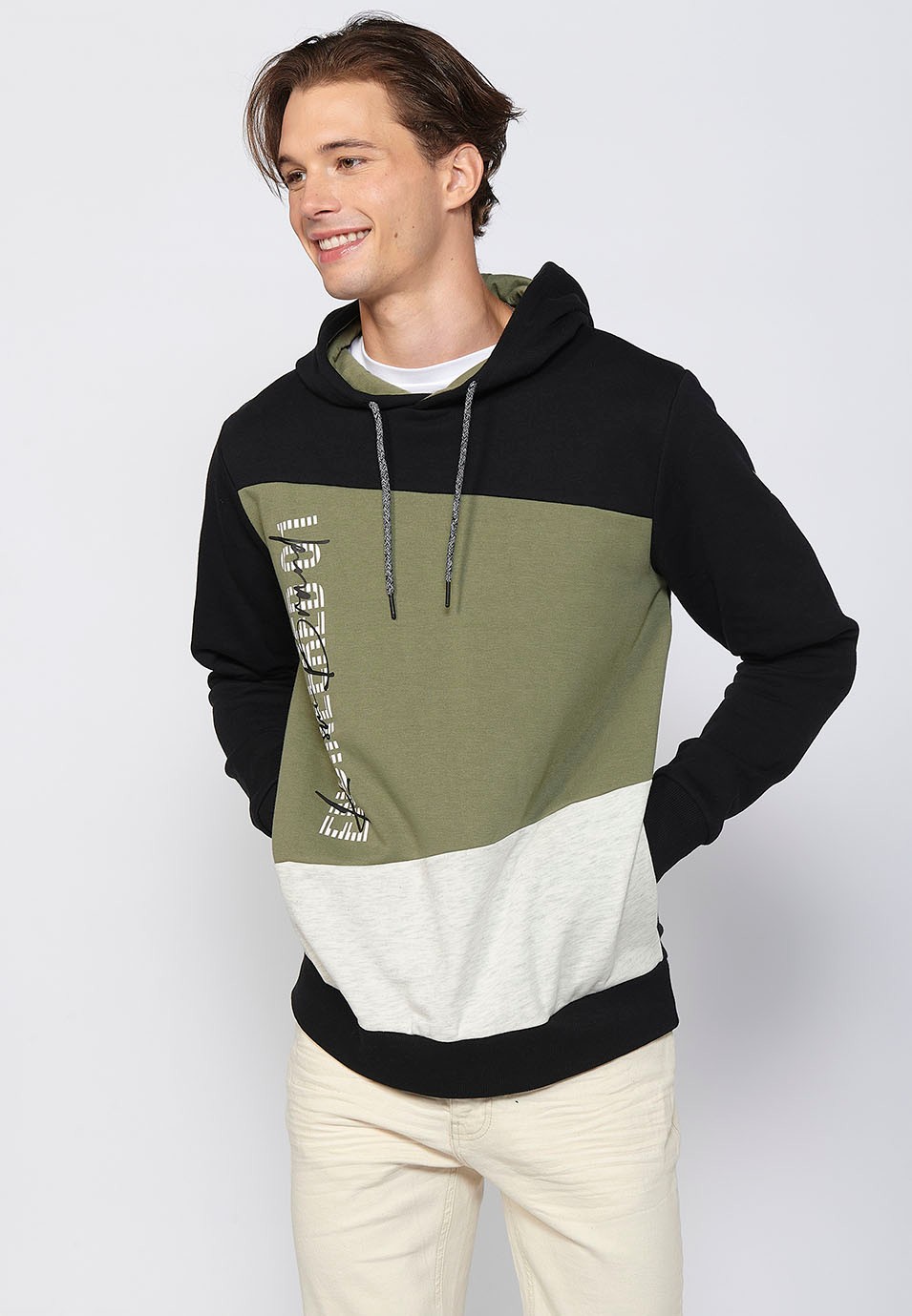 Langärmliges Sweatshirt mit Kapuzenkragen und Frontdetails in der Farbe Khaki für Herren
