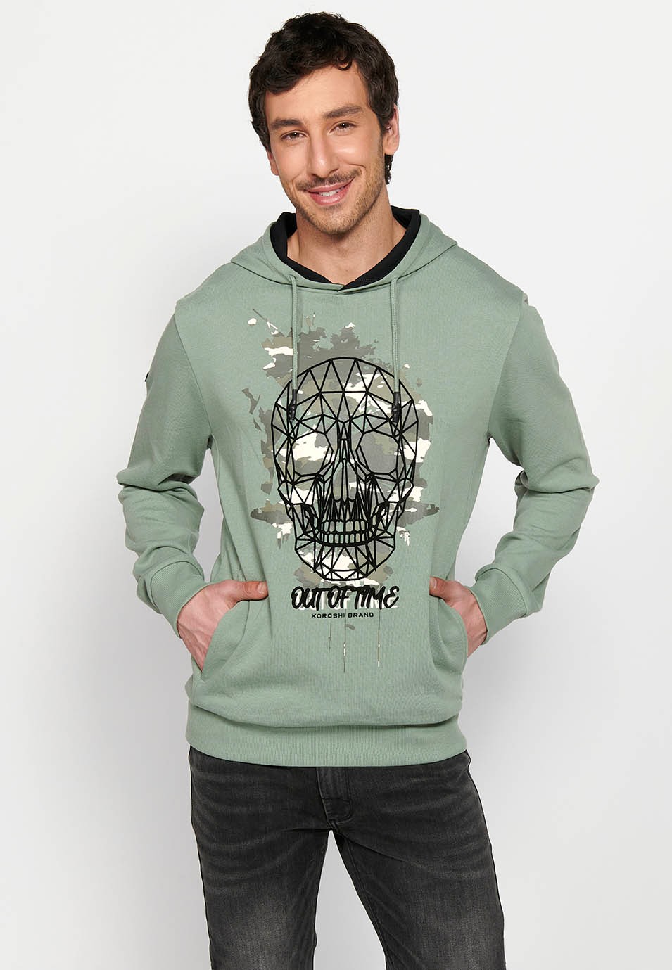Sudadera de manga larga de cuello cruzado con capucha ajustable con cordón y detalle delantero de color kaki para hombre | Ropa Casual