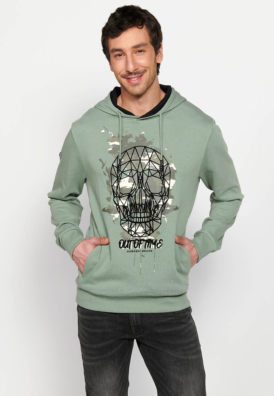 Men's Khaki Color Front Detail Drawstring Adjustable Hooded Cross Neck Long Sleeve Sweatshirt