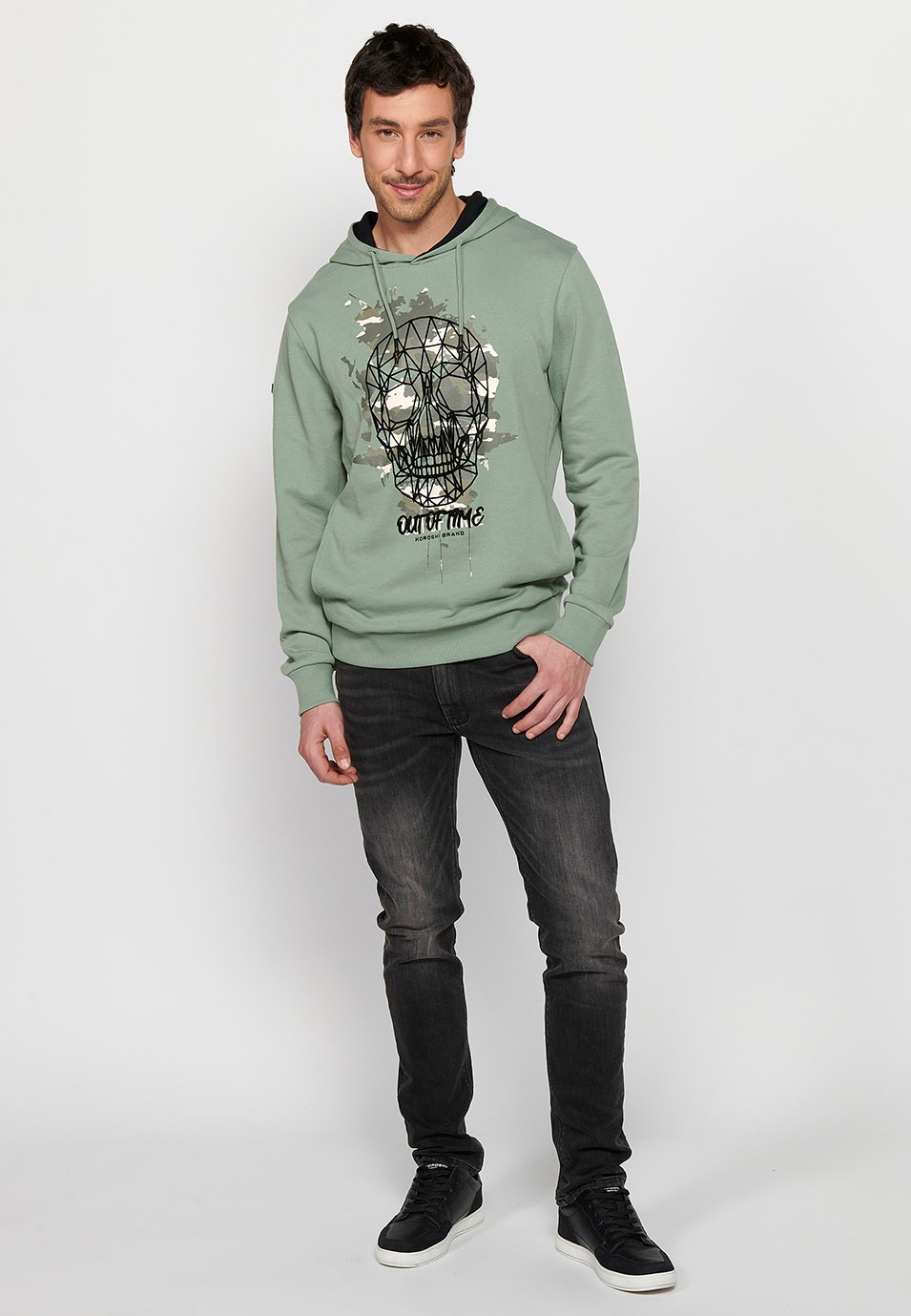 Men's Khaki Color Front Detail Drawstring Adjustable Hooded Cross Neck Long Sleeve Sweatshirt