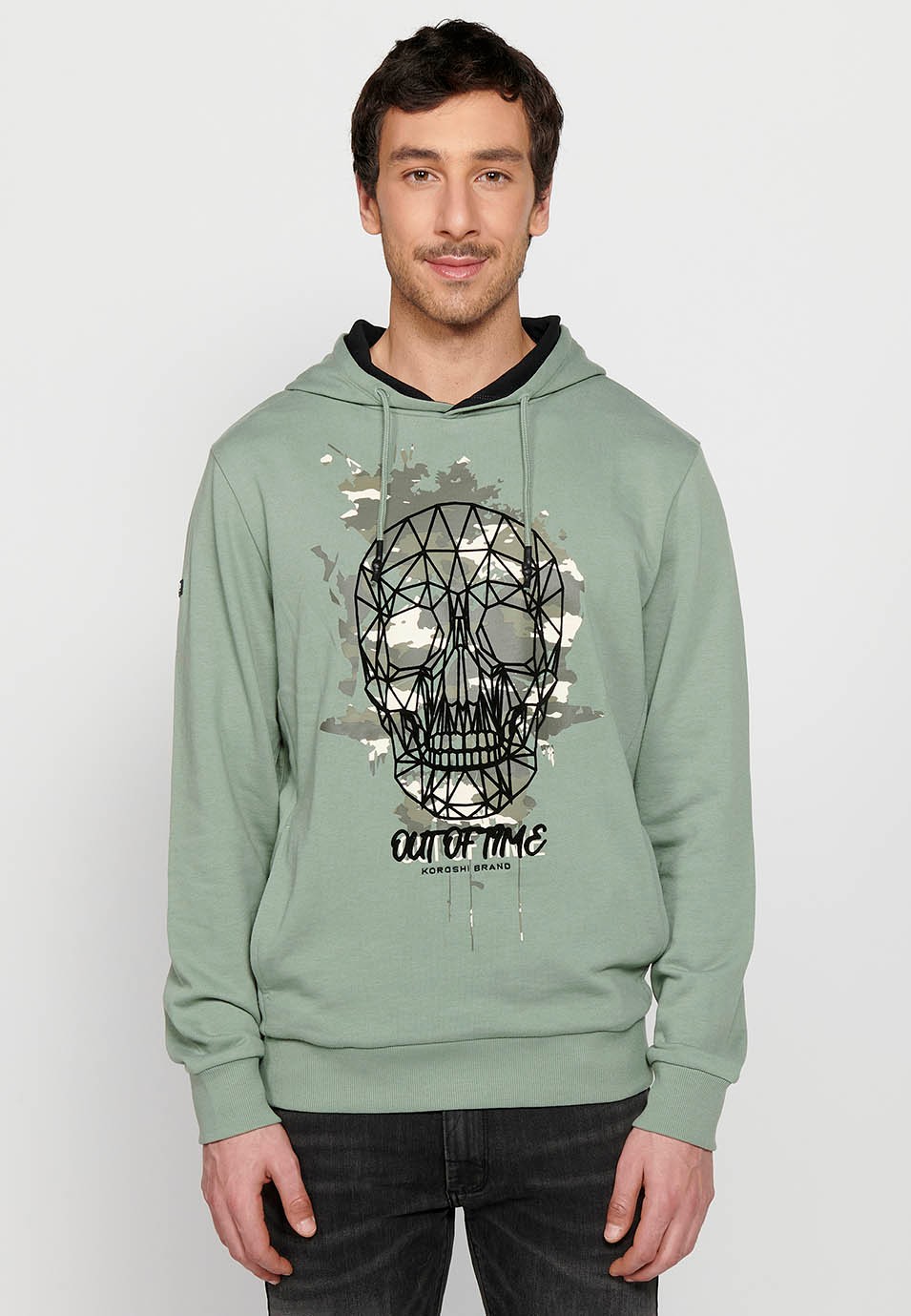 Khakifarbenes Herren-Sweatshirt mit Kordelzug, verstellbarer Kapuze und überkreuztem Halsausschnitt, langärmlig