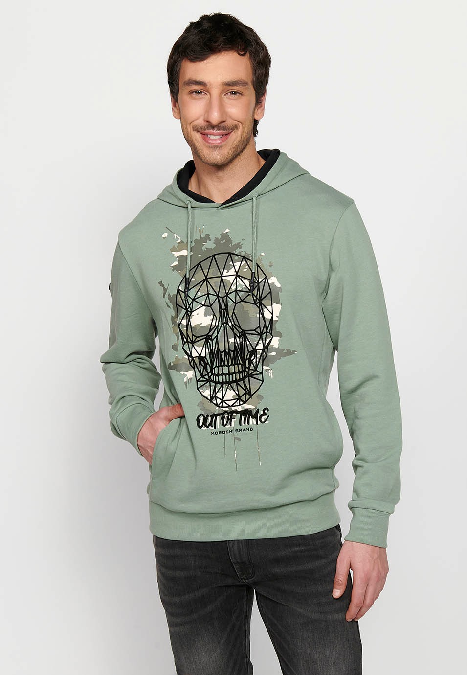 Men's Khaki Color Front Detail Drawstring Adjustable Hooded Cross Neck Long Sleeve Sweatshirt