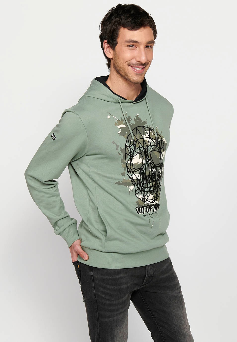 Men's Khaki Color Front Detail Drawstring Adjustable Hooded Cross Neck Long Sleeve Sweatshirt