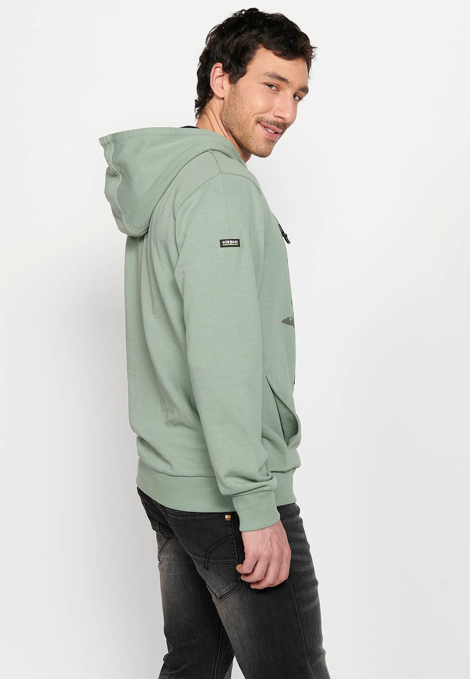 Men's Khaki Color Front Detail Drawstring Adjustable Hooded Cross Neck Long Sleeve Sweatshirt