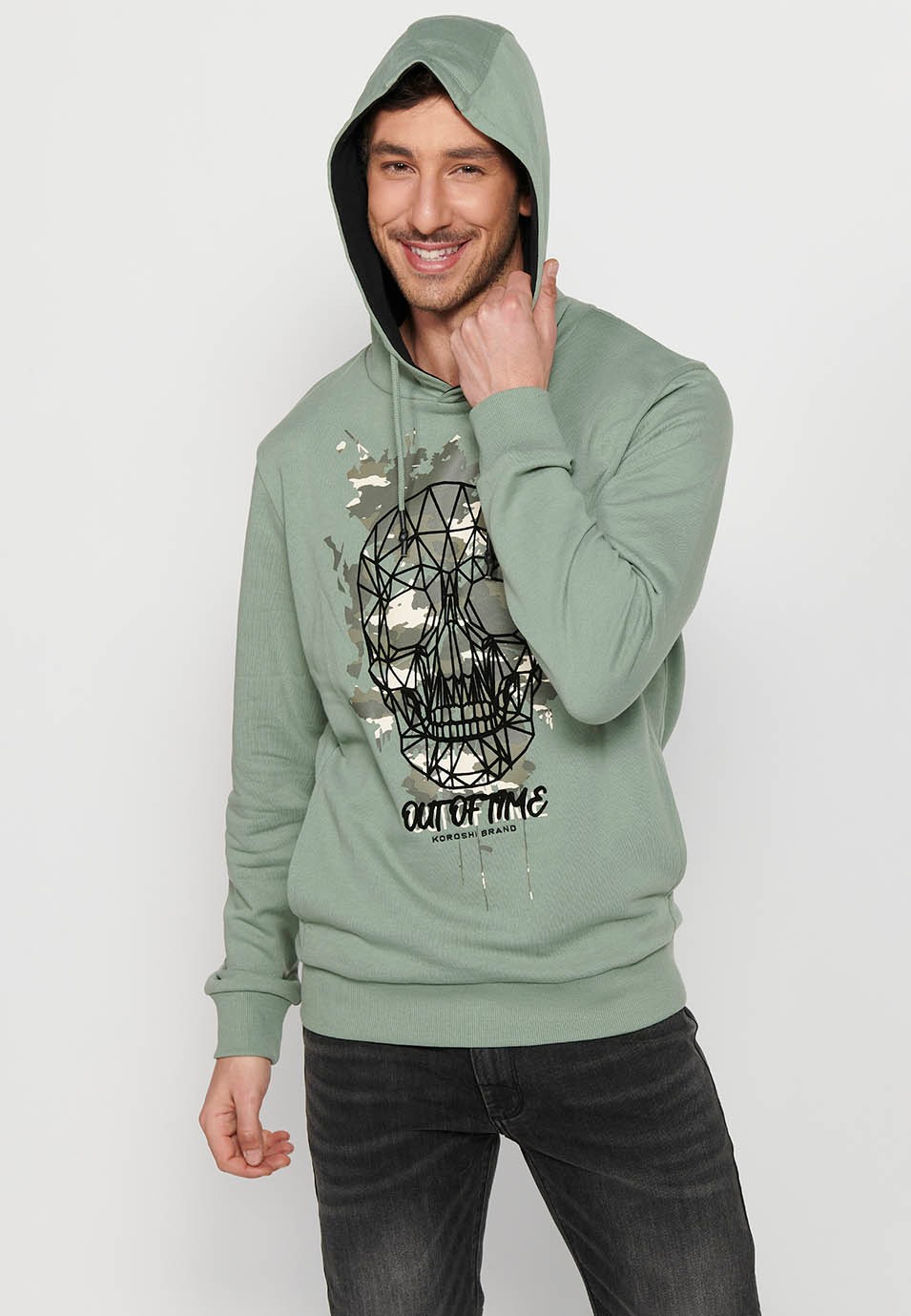 Sudadera de manga larga de cuello cruzado con capucha ajustable con cordón y detalle delantero de color kaki para hombre | Ropa Casual