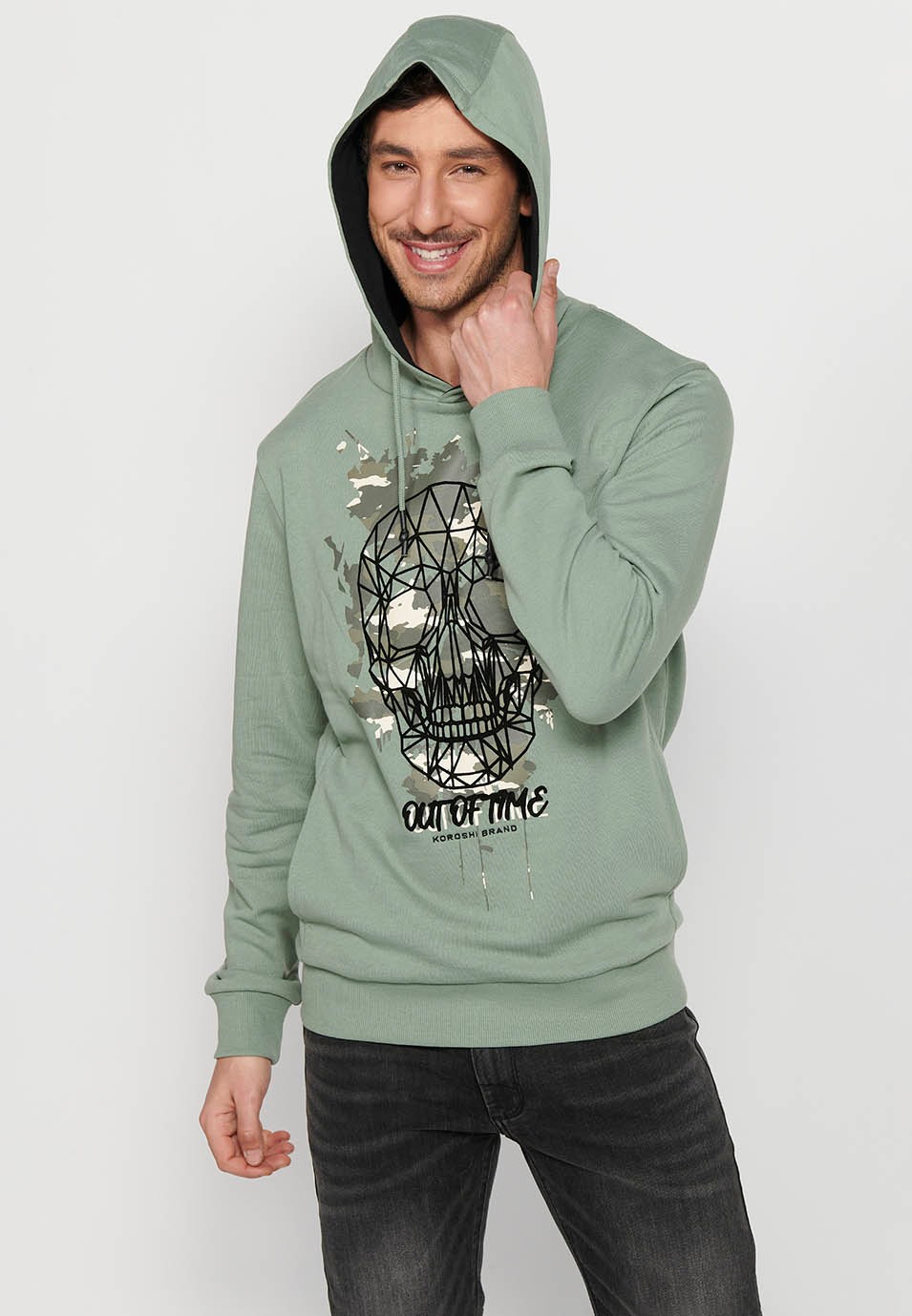 Men's Khaki Color Front Detail Drawstring Adjustable Hooded Cross Neck Long Sleeve Sweatshirt