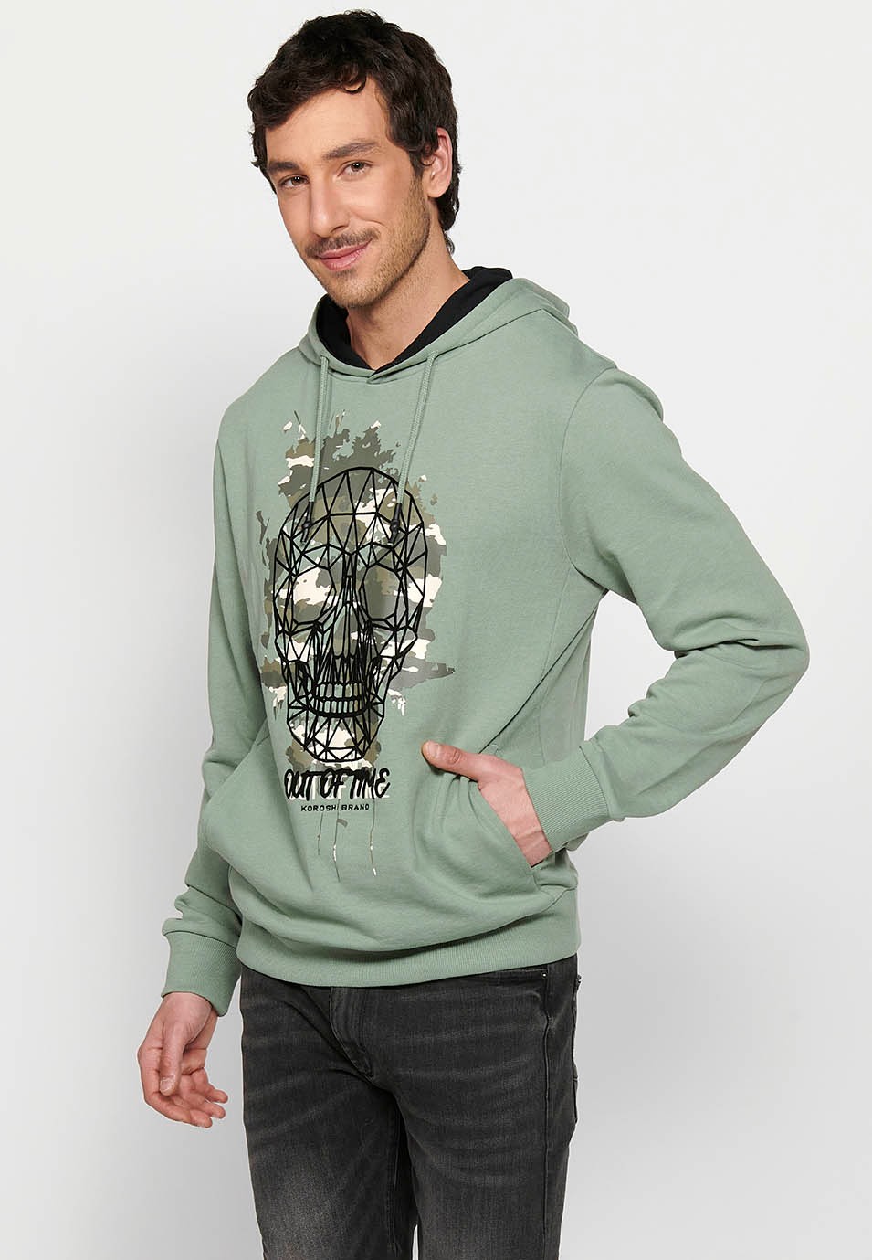 Men's Khaki Color Front Detail Drawstring Adjustable Hooded Cross Neck Long Sleeve Sweatshirt