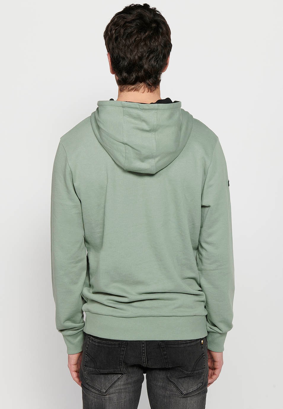 Men's Khaki Color Front Detail Drawstring Adjustable Hooded Cross Neck Long Sleeve Sweatshirt