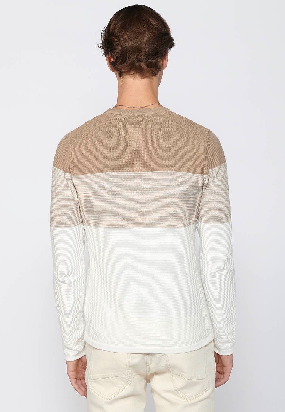 Beige Cotton Striped Tricot Round Neck Long Sleeve Sweater for Men