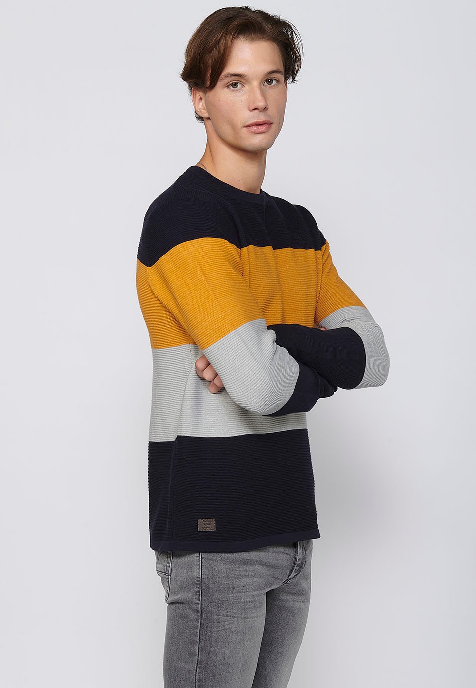 Navy Cotton Striped Tricot Round Neck Long Sleeve Sweater for Men