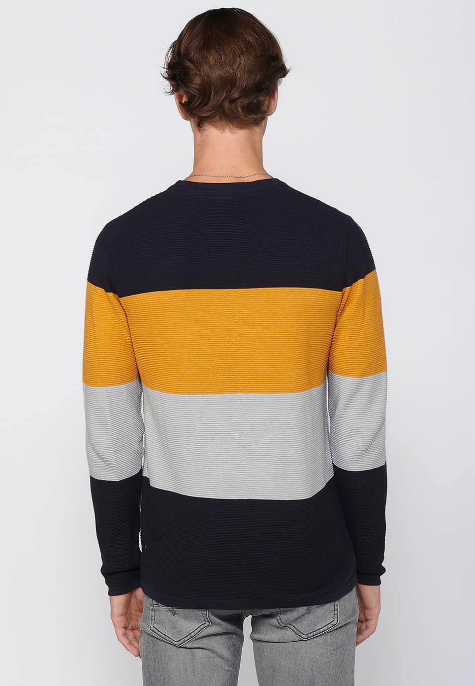 Navy Cotton Striped Tricot Round Neck Long Sleeve Sweater for Men