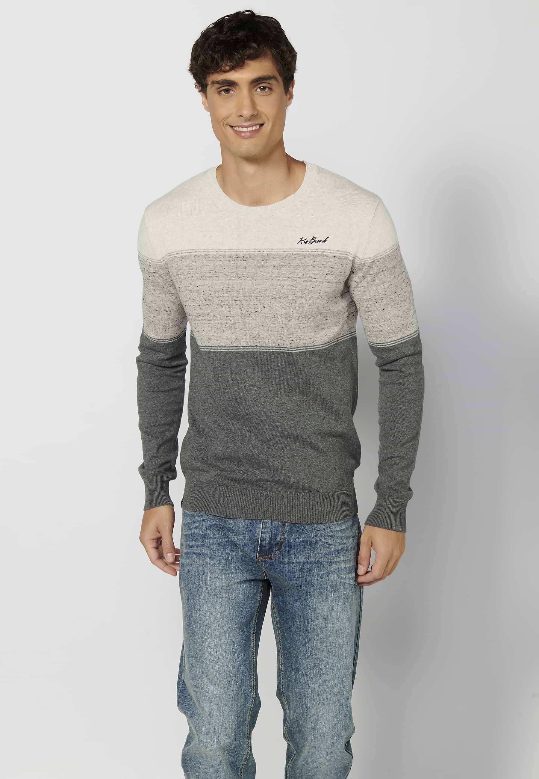 Men's Gray Round Neck Long Sleeve Cotton Knit Sweater