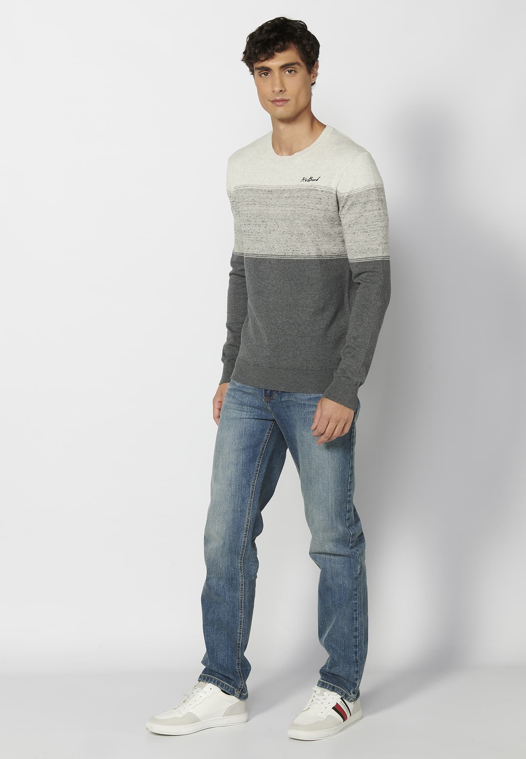 Men's Gray Round Neck Long Sleeve Cotton Knit Sweater 2