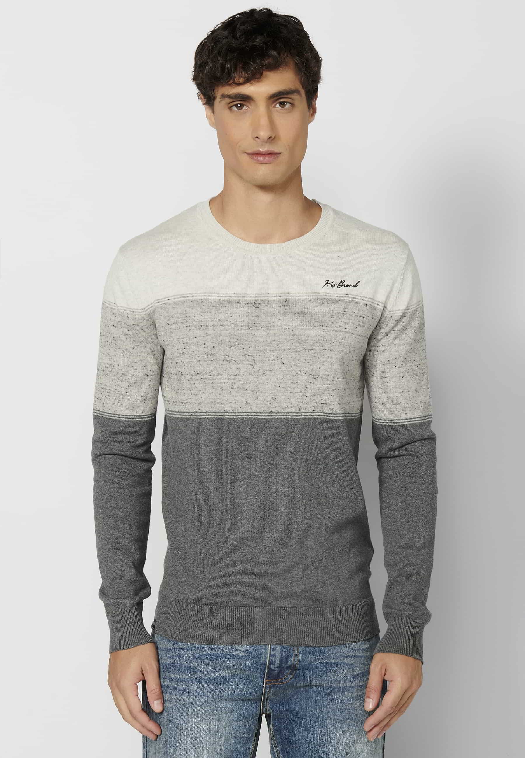 Men's Gray Round Neck Long Sleeve Cotton Knit Sweater 5