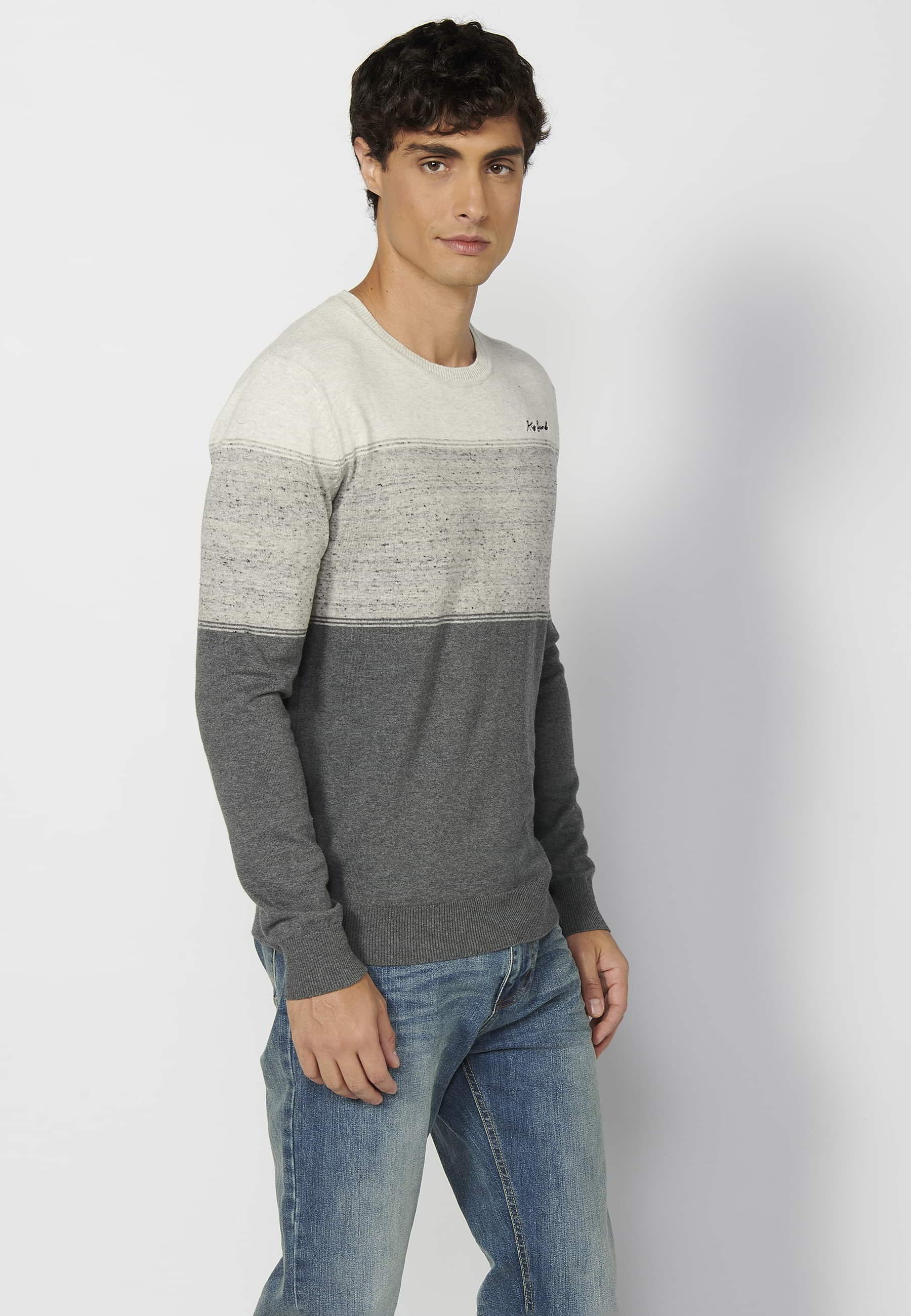 Men's Gray Round Neck Long Sleeve Cotton Knit Sweater 3
