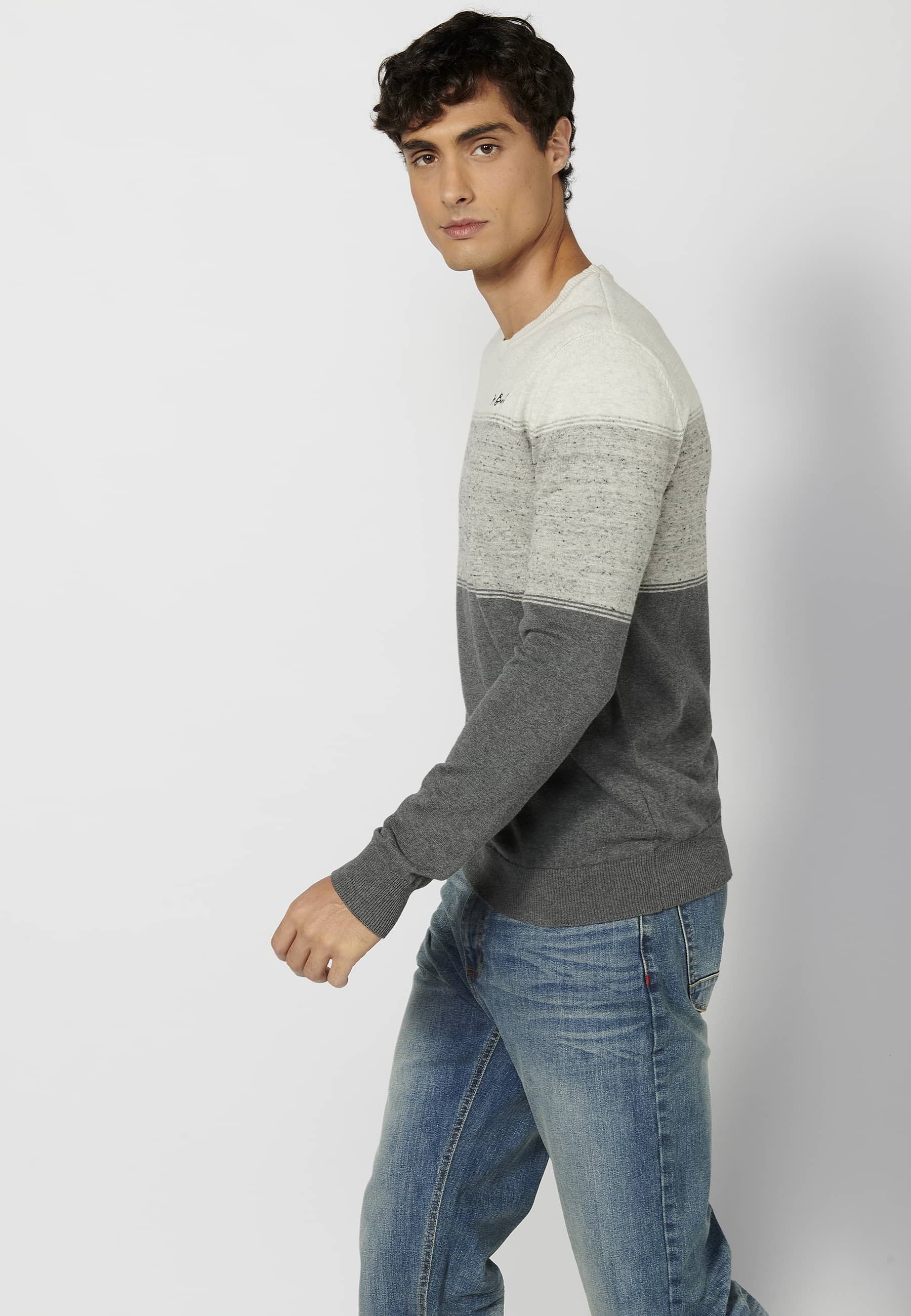 Men's Gray Round Neck Long Sleeve Cotton Knit Sweater 1