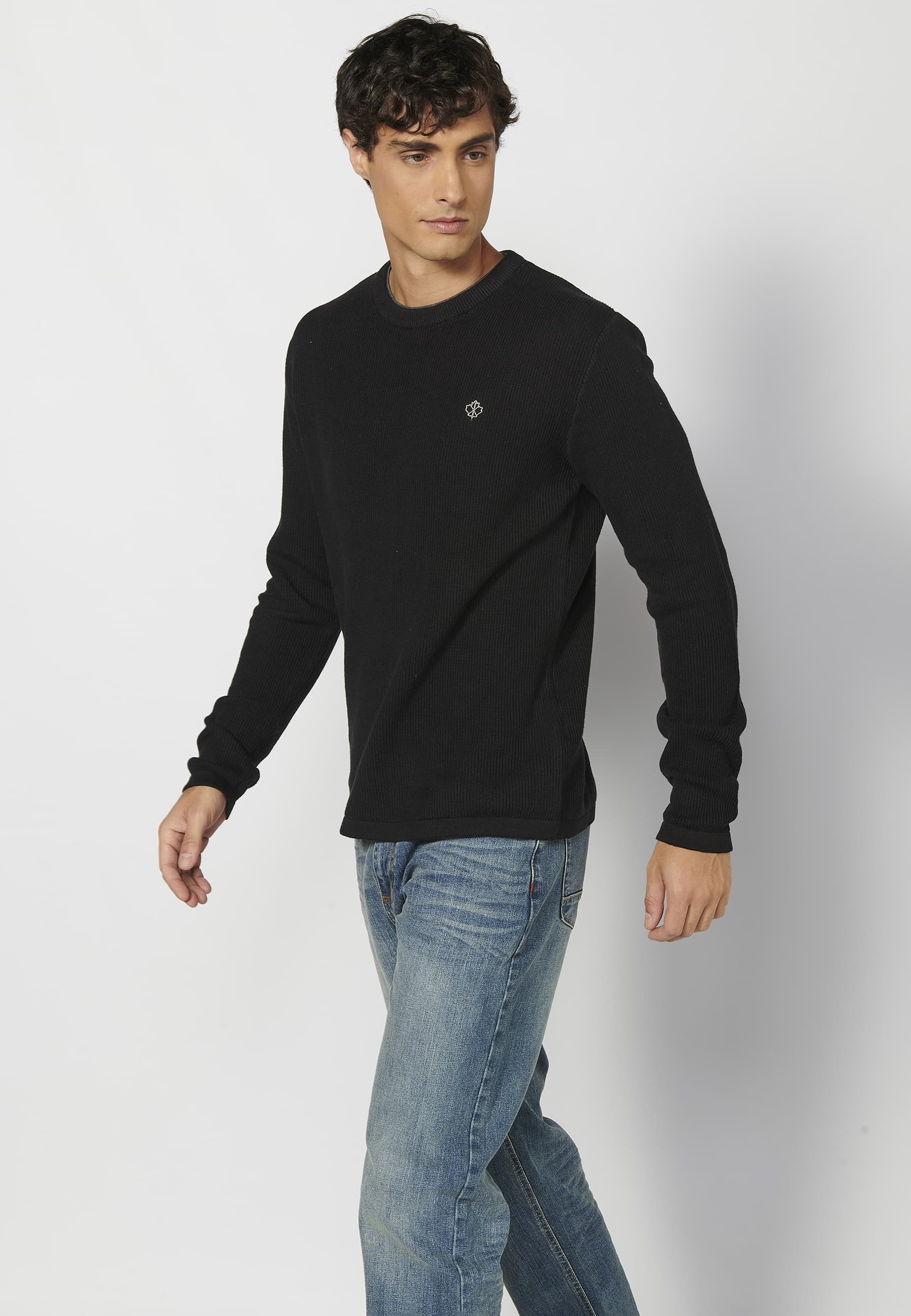 Long sleeve cotton tricot sweater with embroidered detail in black for Men