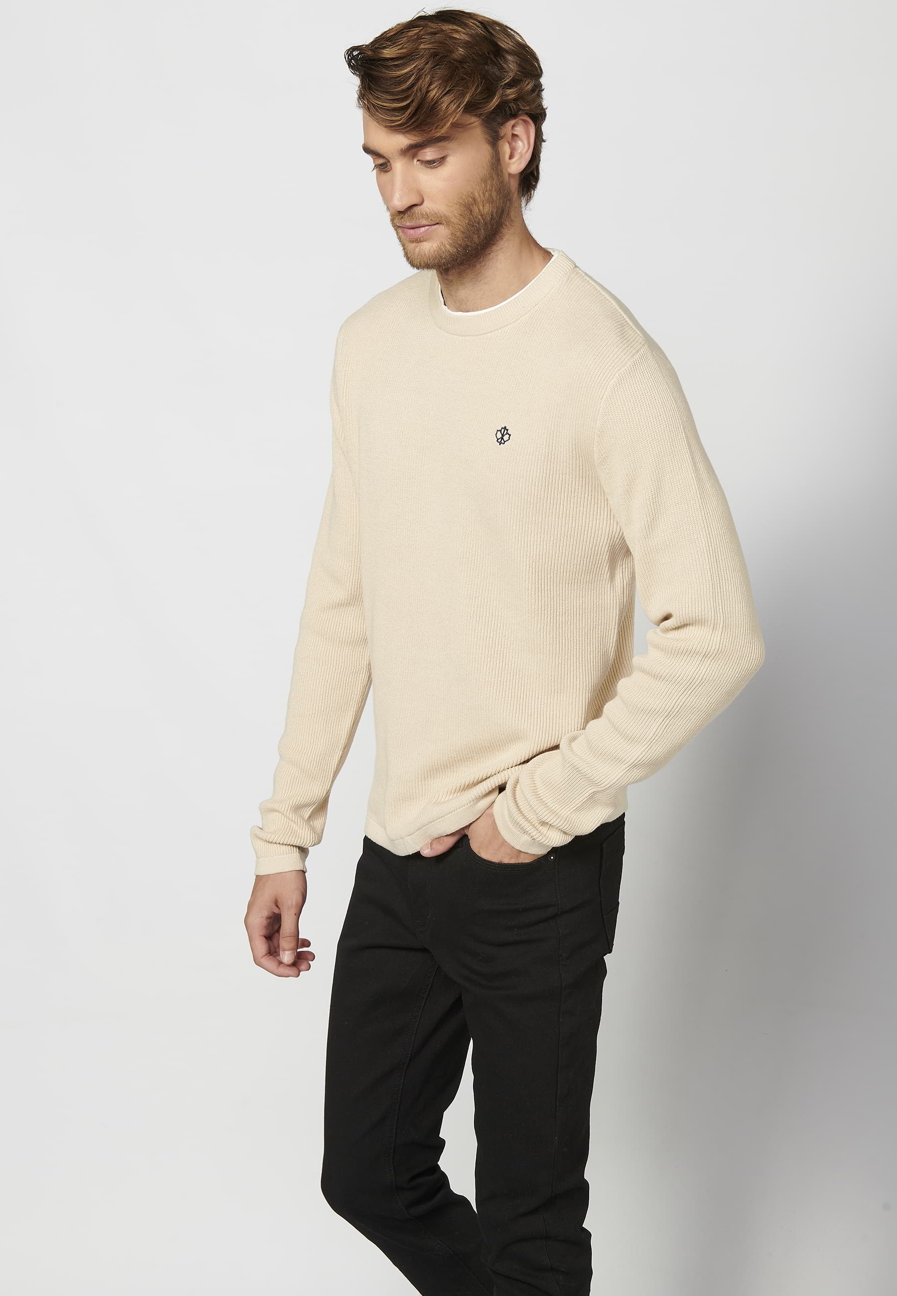 Long-sleeved cotton tricot sweater with embroidered detail in Cream color for Men