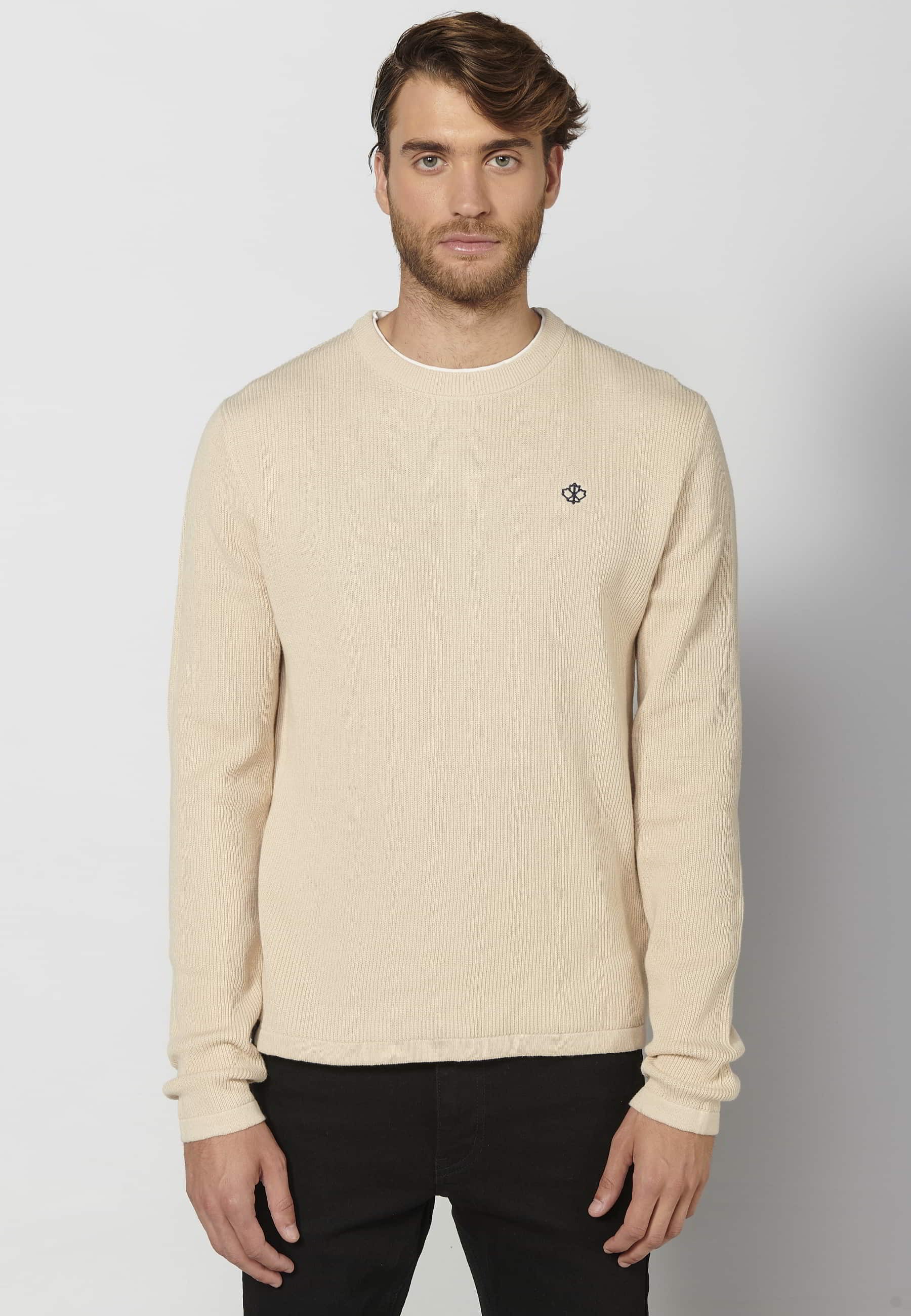 Pull en tricot de coton à manches longues avec détail brodé de couleur Crème pour Homme 6