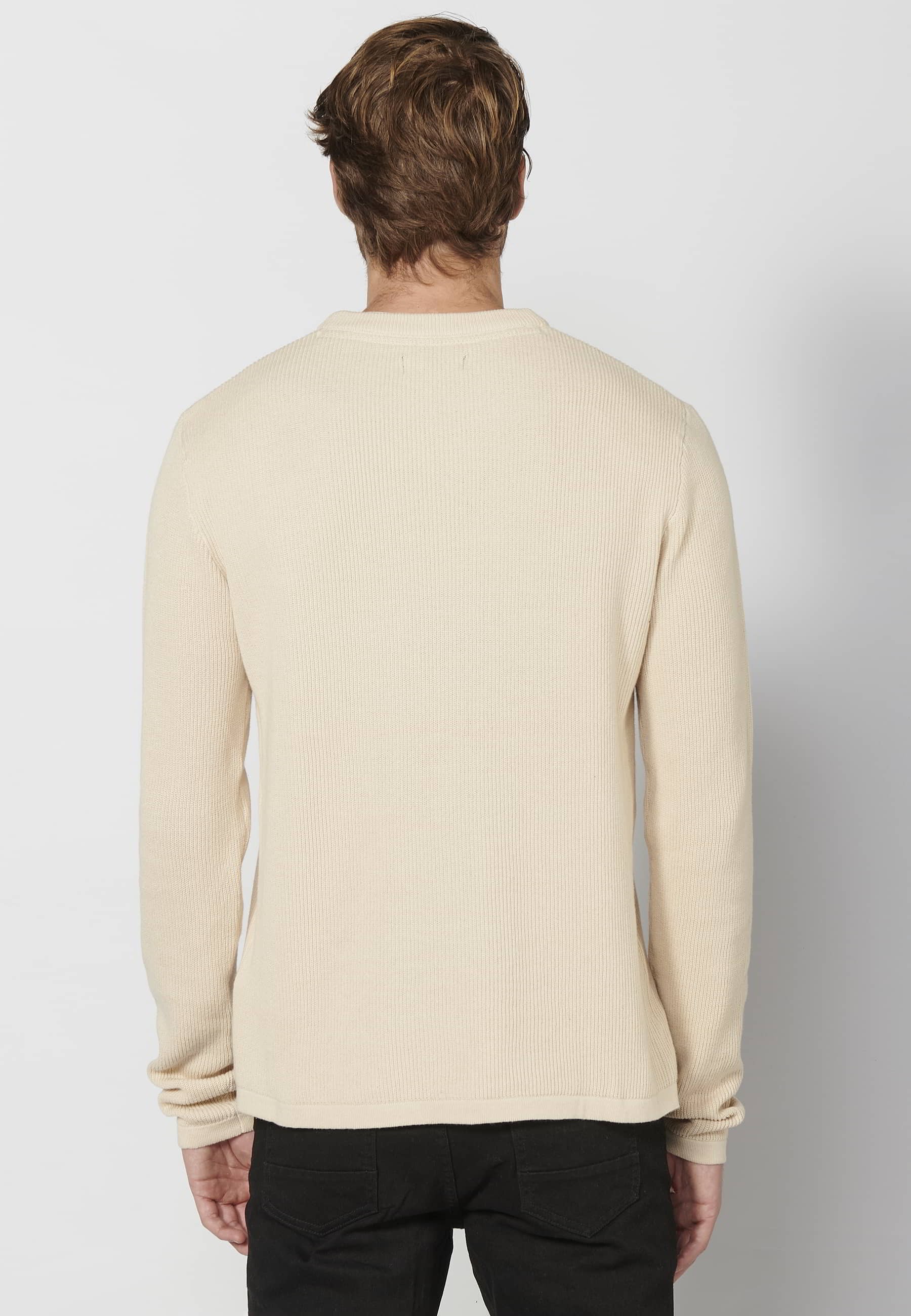 Pull en tricot de coton à manches longues avec détail brodé de couleur Crème pour Homme 3