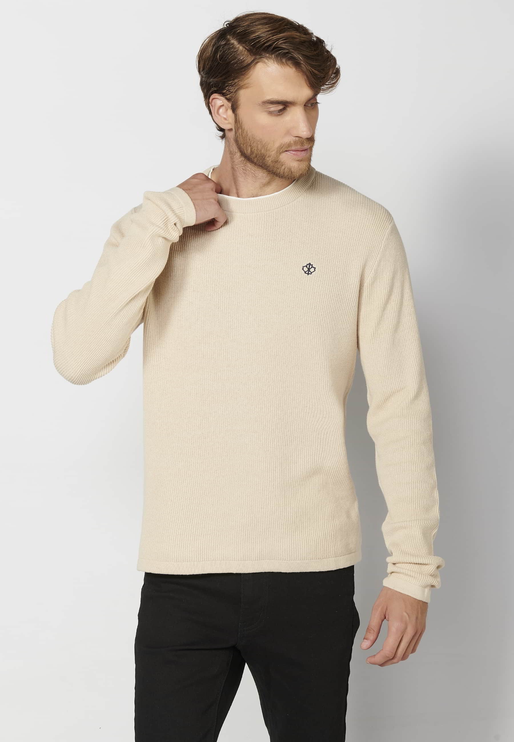 Pull en tricot de coton à manches longues avec détail brodé de couleur Crème pour Homme 2