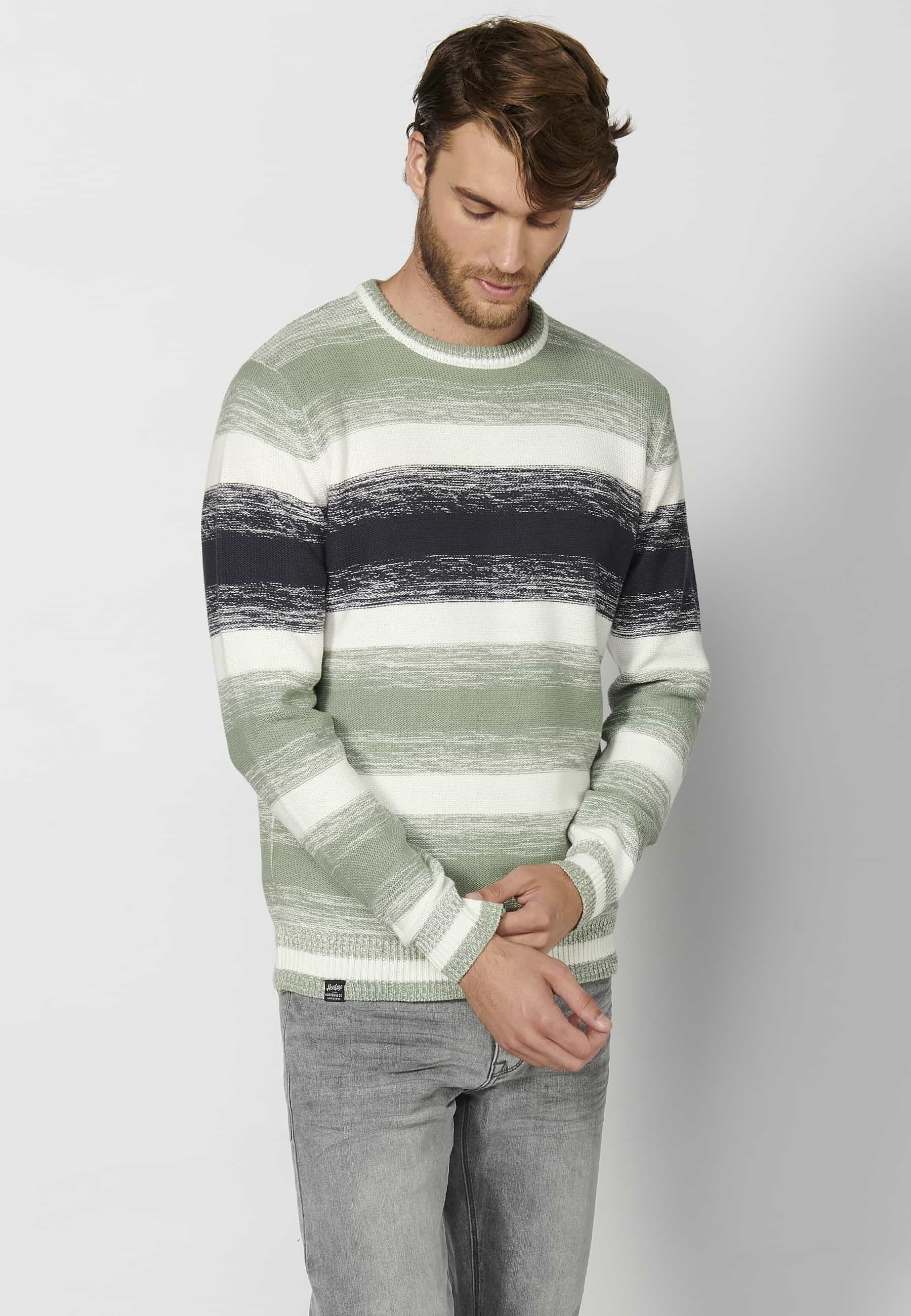 Khaki round neck cotton long-sleeved tricot sweater for Men