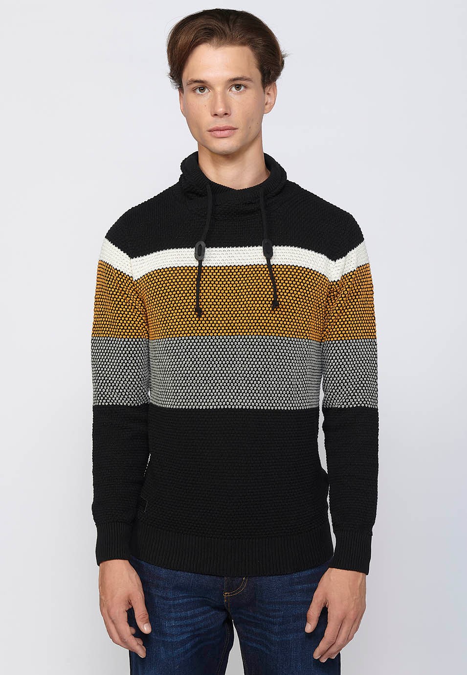 Men's Black Cotton Textured Striped Tricot Long Sleeve Pullover with Adjustable Drawstring Turtleneck