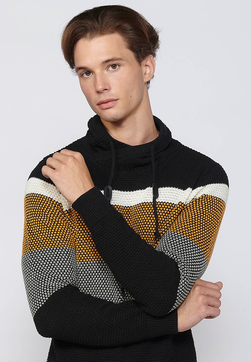 Men's Black Cotton Textured Striped Tricot Long Sleeve Pullover with Adjustable Drawstring Turtleneck