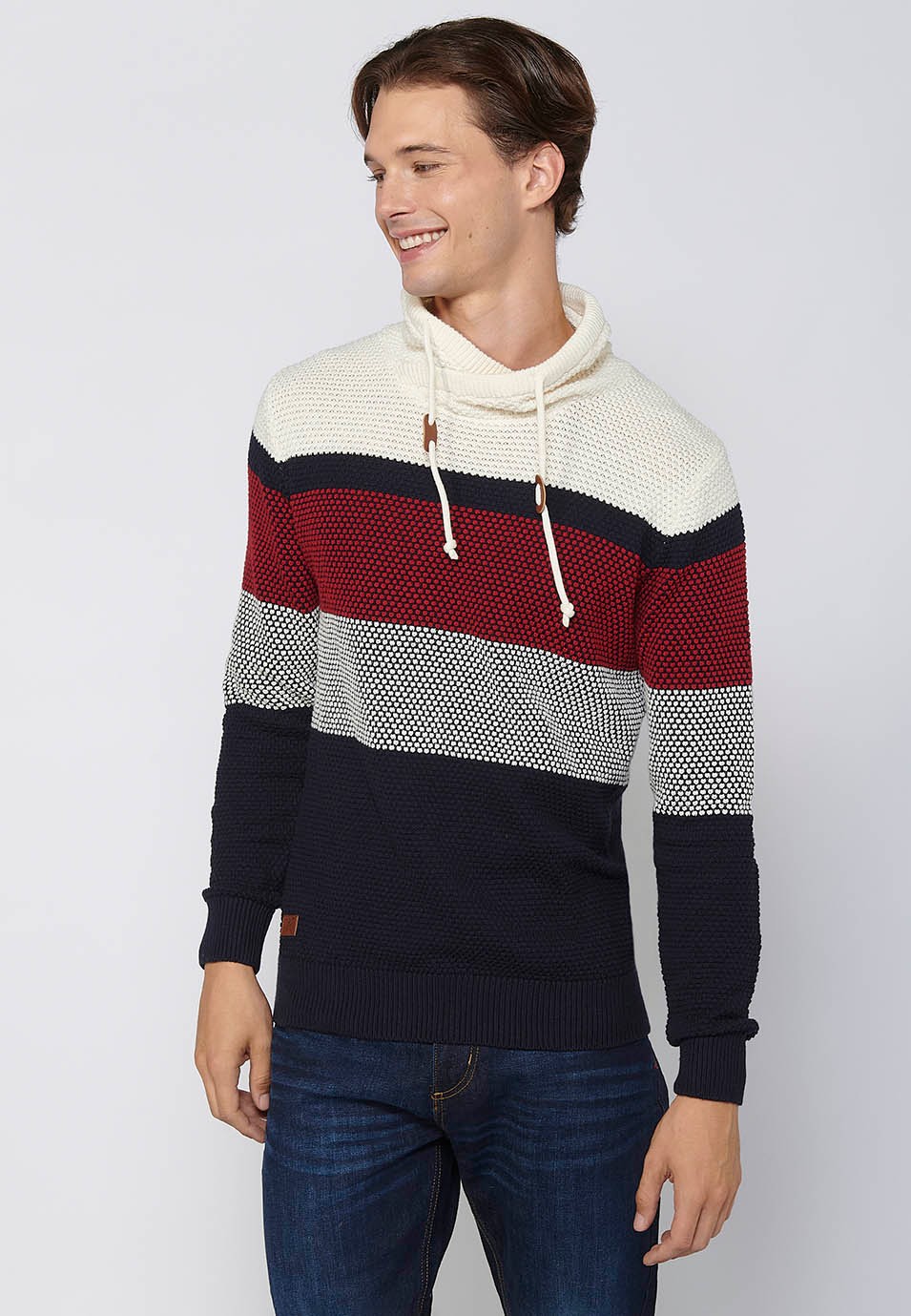 Long-sleeved sweater with adjustable turtleneck with drawstring, navy cotton textured striped tricot for men