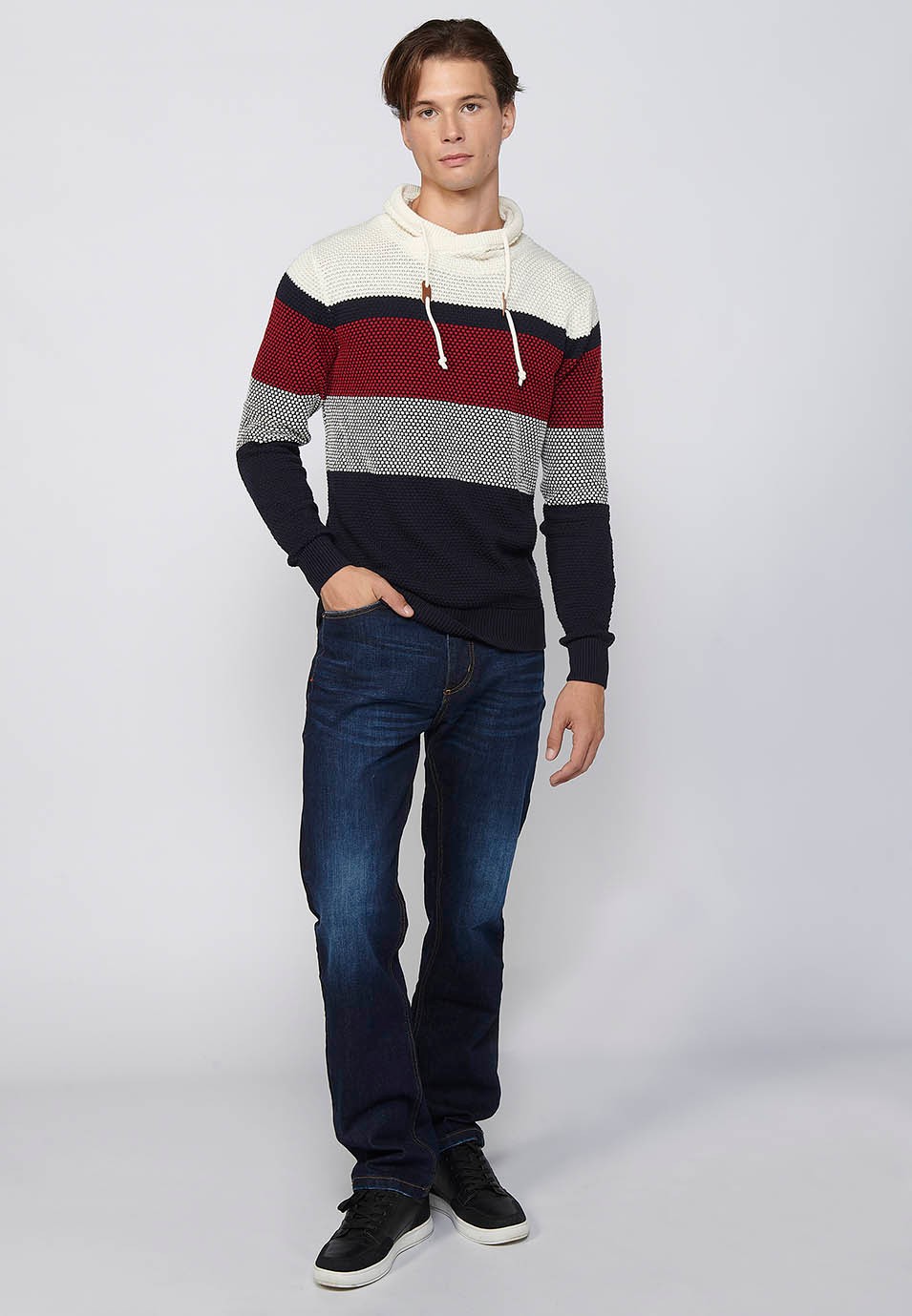 Long-sleeved sweater with adjustable turtleneck with drawstring, navy cotton textured striped tricot for men 1