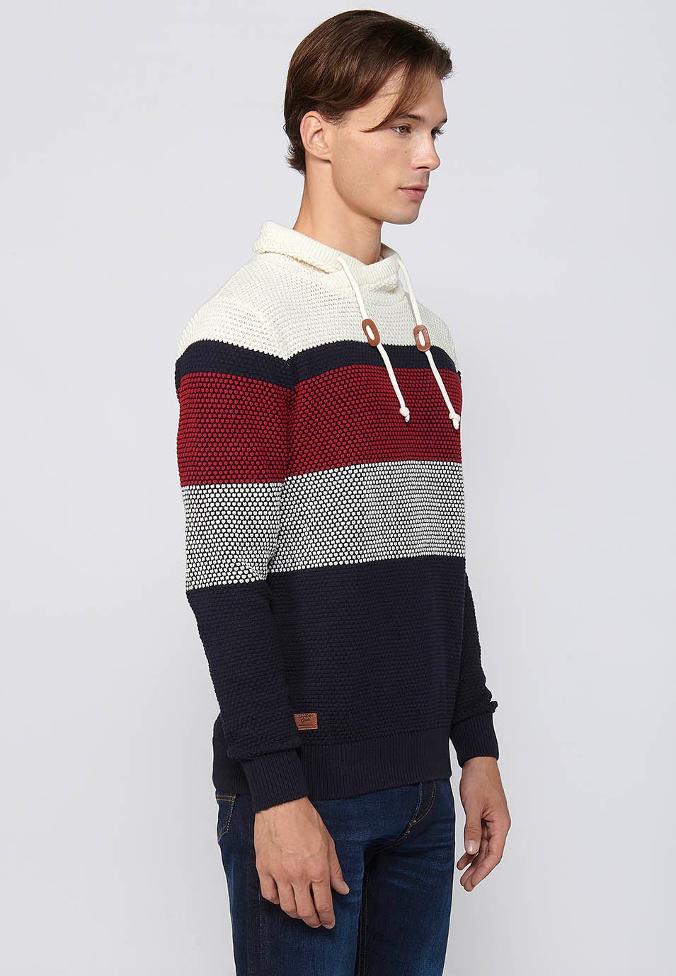 Long-sleeved sweater with adjustable turtleneck with drawstring, navy cotton textured striped tricot for men 3