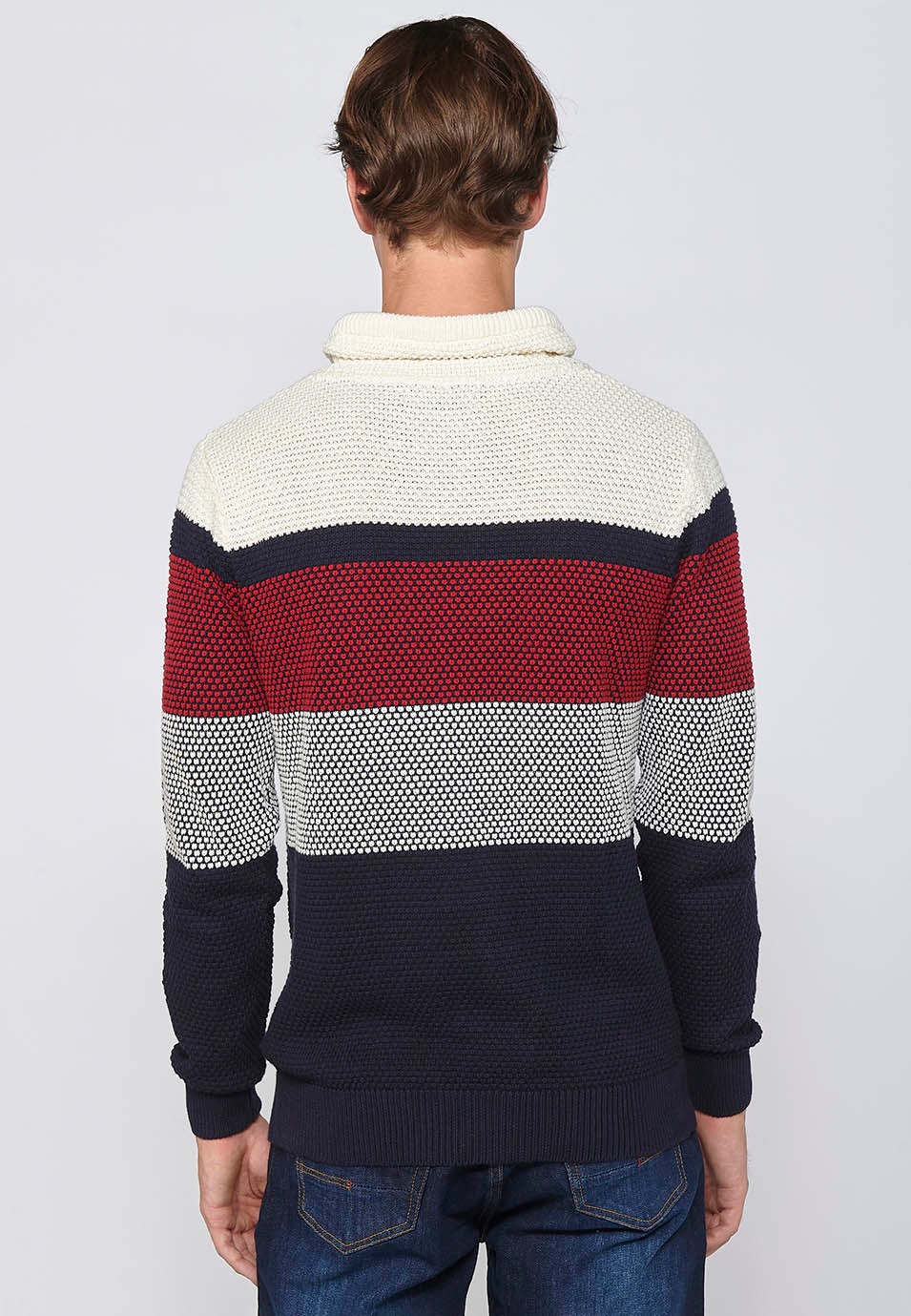 Long-sleeved sweater with adjustable turtleneck with drawstring, navy cotton textured striped tricot for men 6