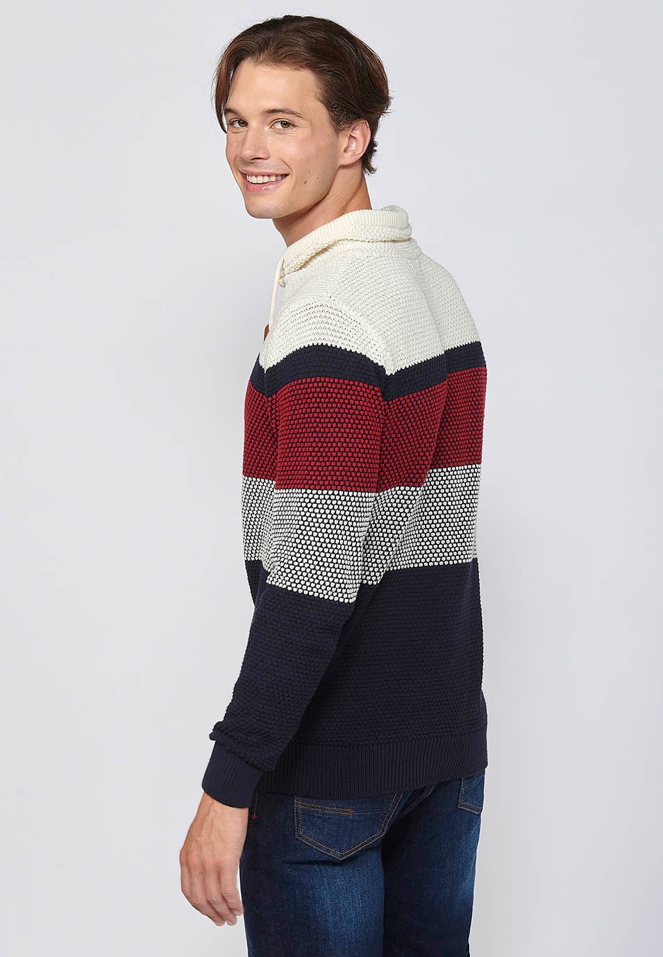 Long-sleeved sweater with adjustable turtleneck with drawstring, navy cotton textured striped tricot for men 5