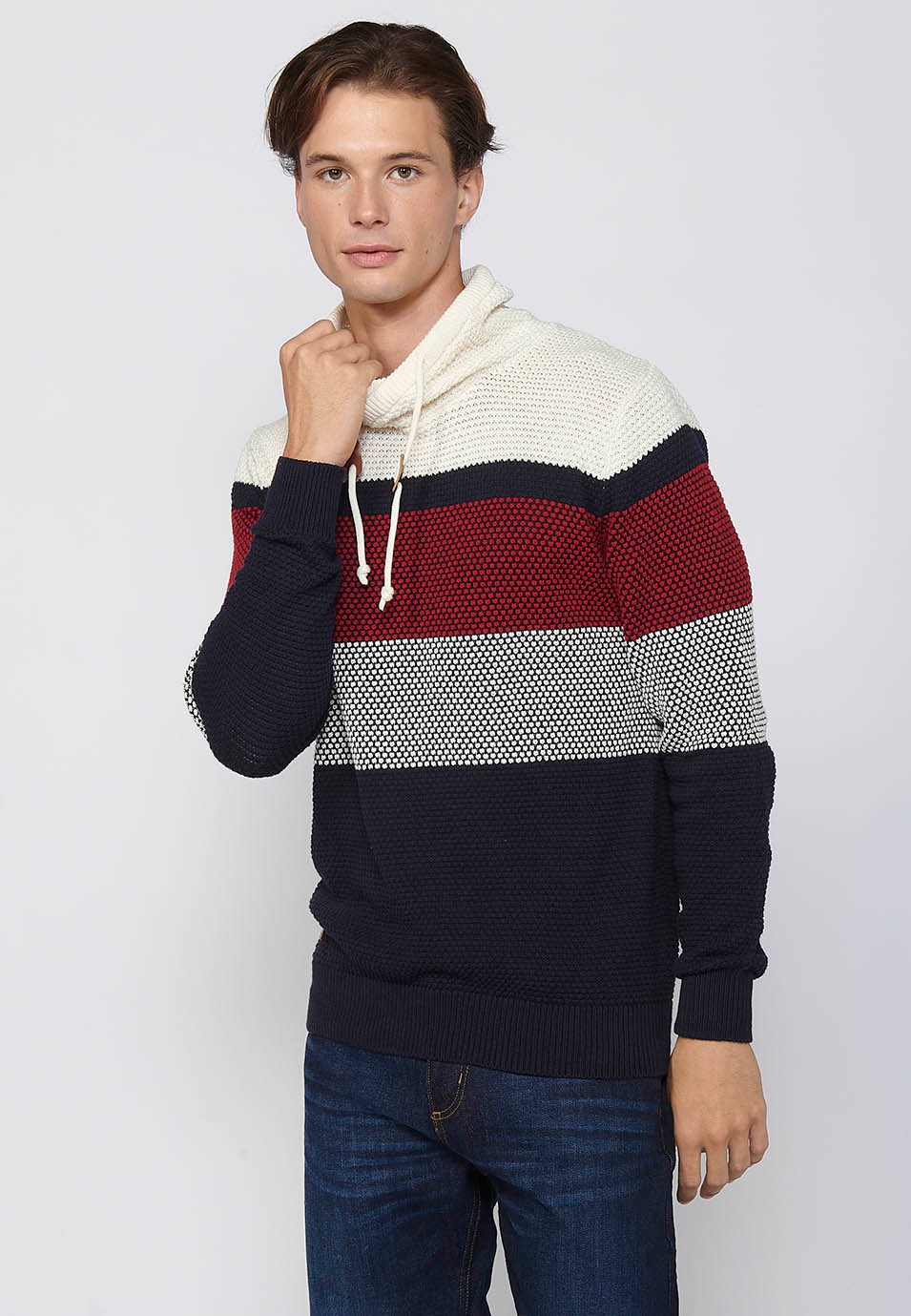 Long-sleeved sweater with adjustable turtleneck with drawstring, navy cotton textured striped tricot for men 7
