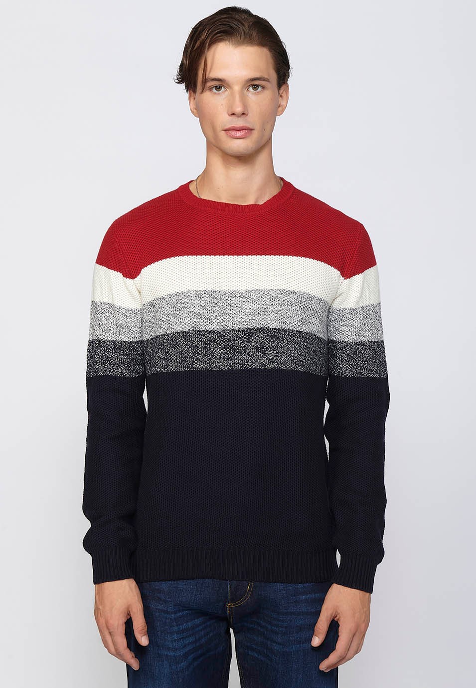 Red Striped Cotton Long Sleeve Sweater for Men