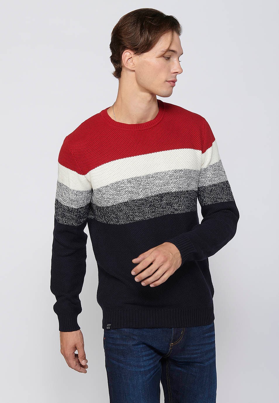 Red Striped Cotton Long Sleeve Sweater for Men