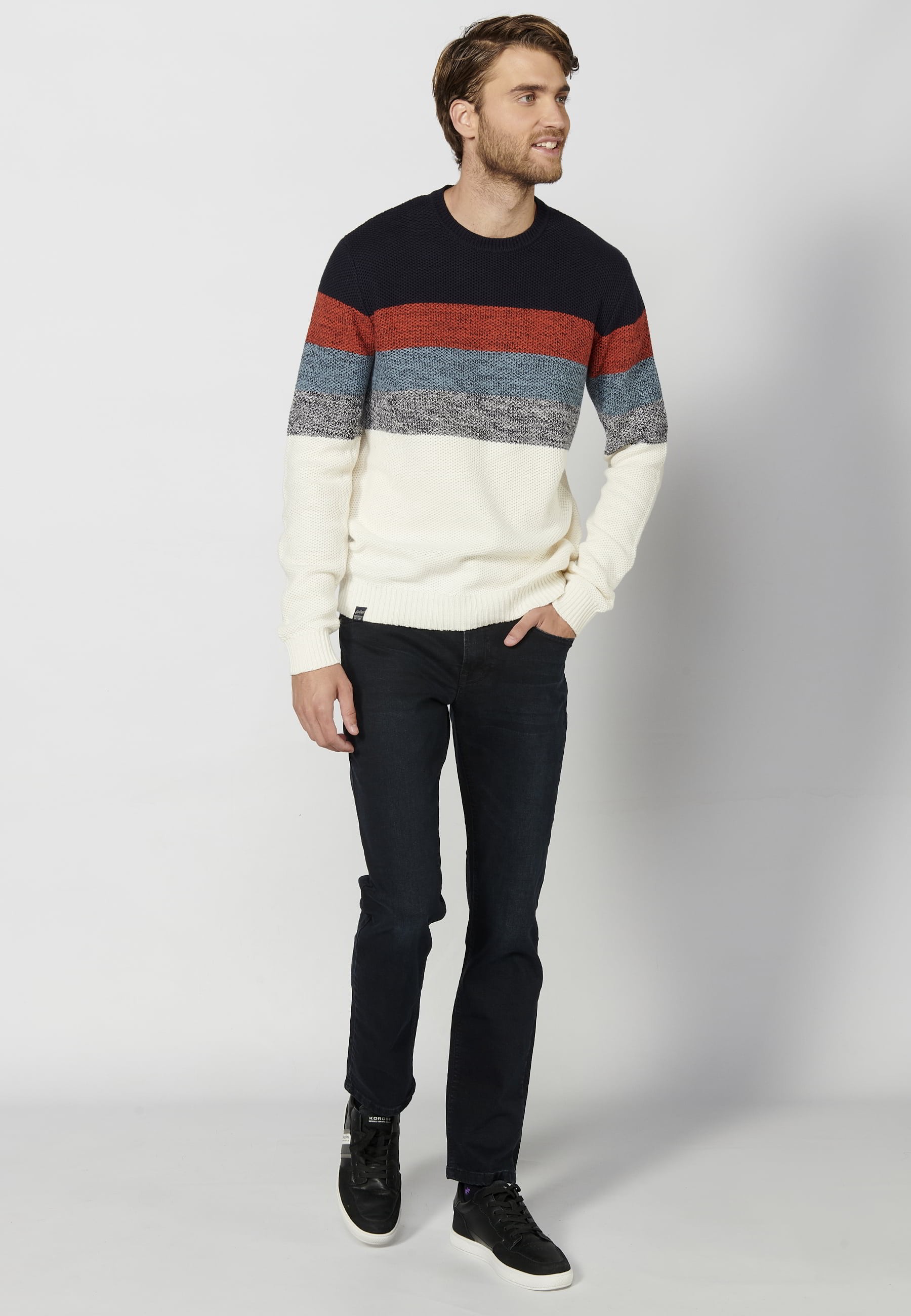 Pull manches longues en coton rayé marine pour Homme