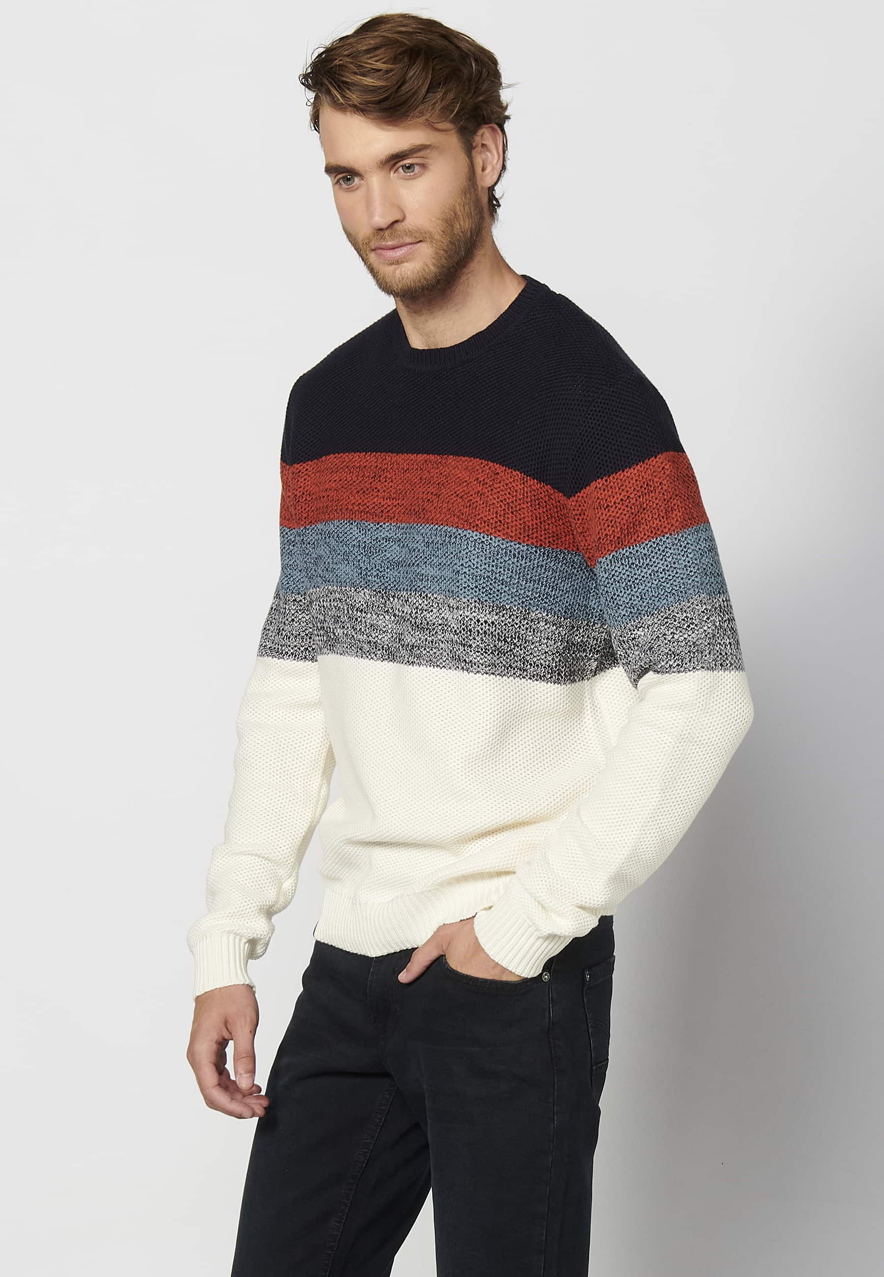 Pull manches longues en coton rayé marine pour Homme