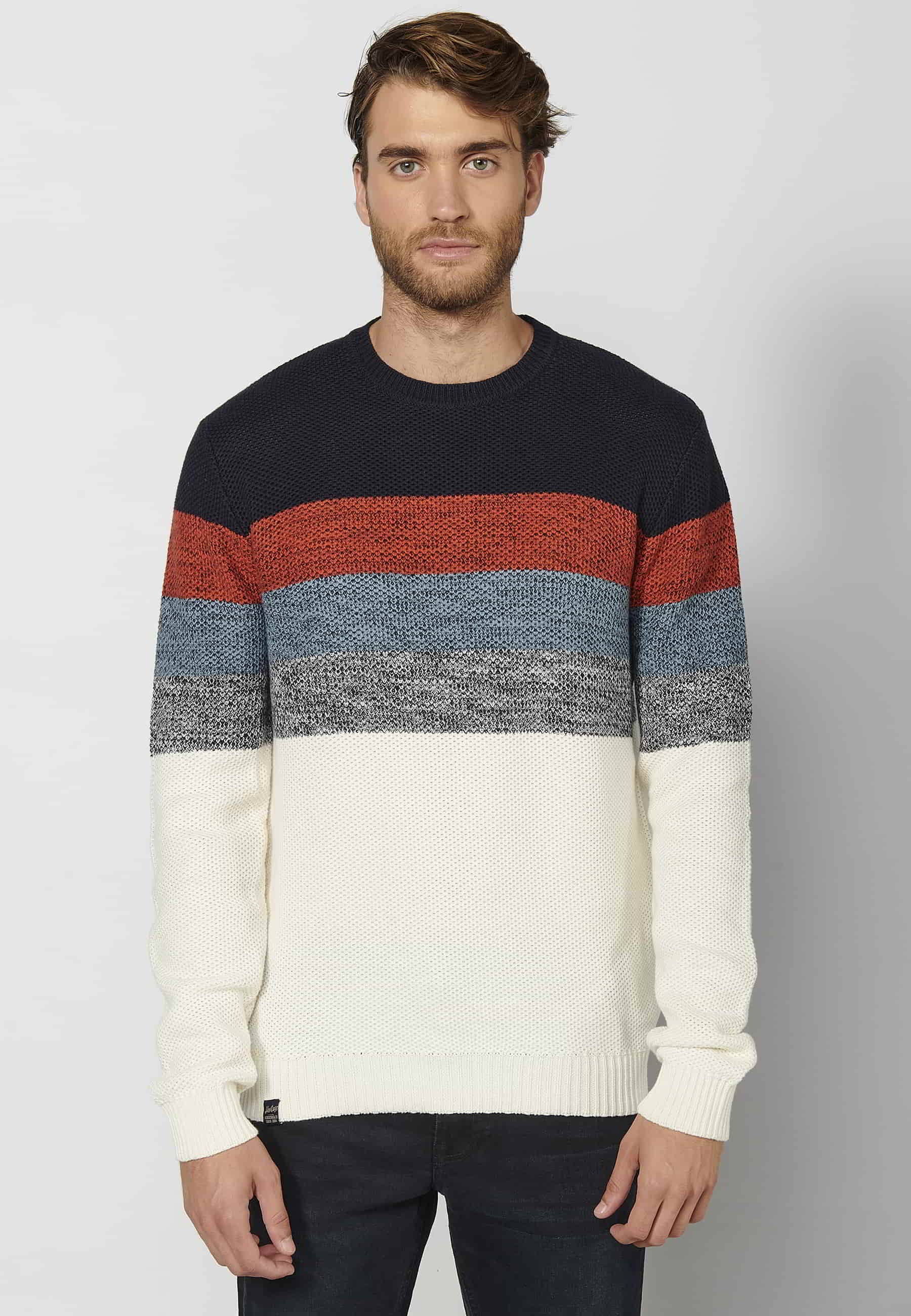 Pull manches longues en coton rayé marine pour Homme