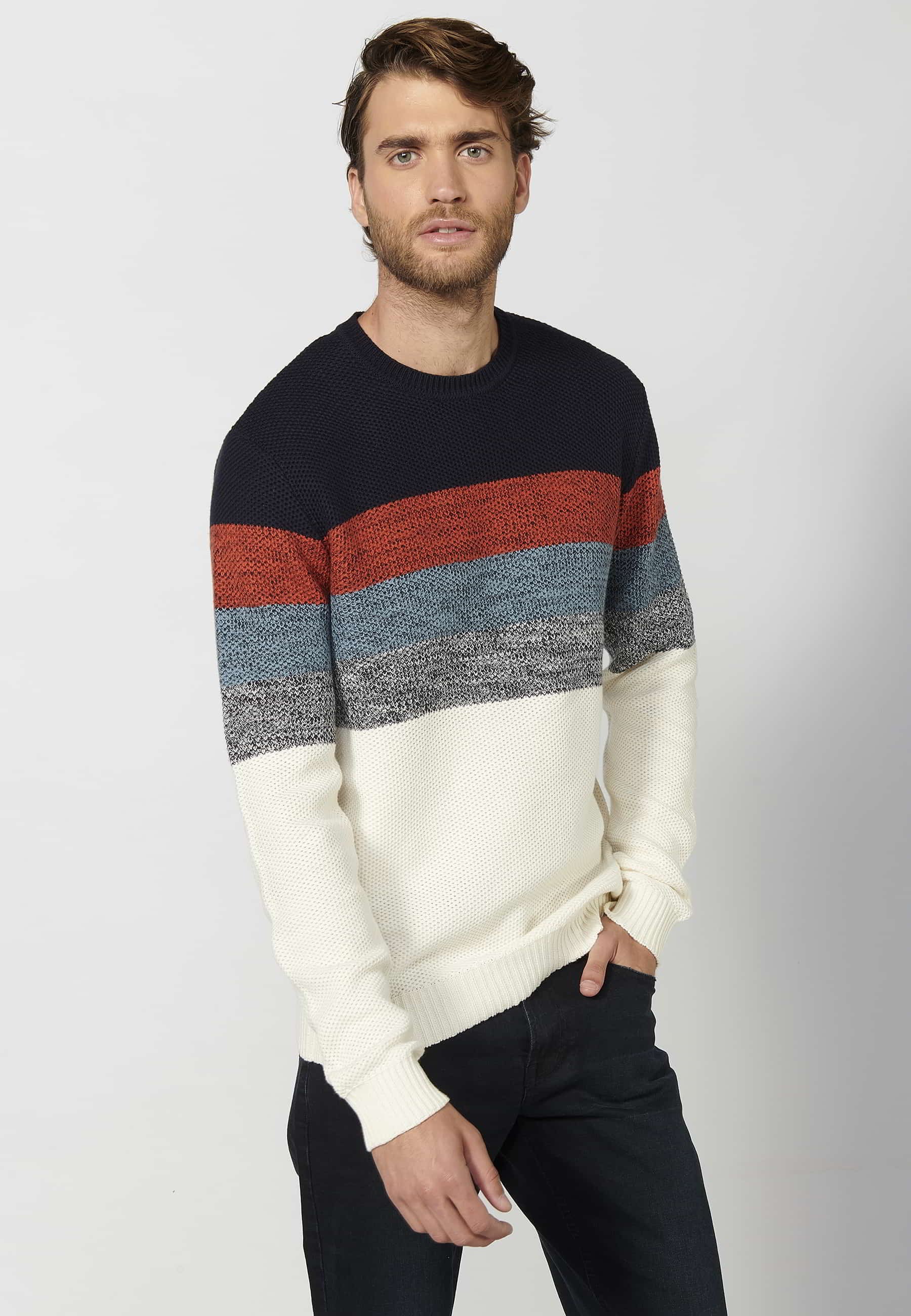 Navy striped cotton long-sleeved sweater for Men