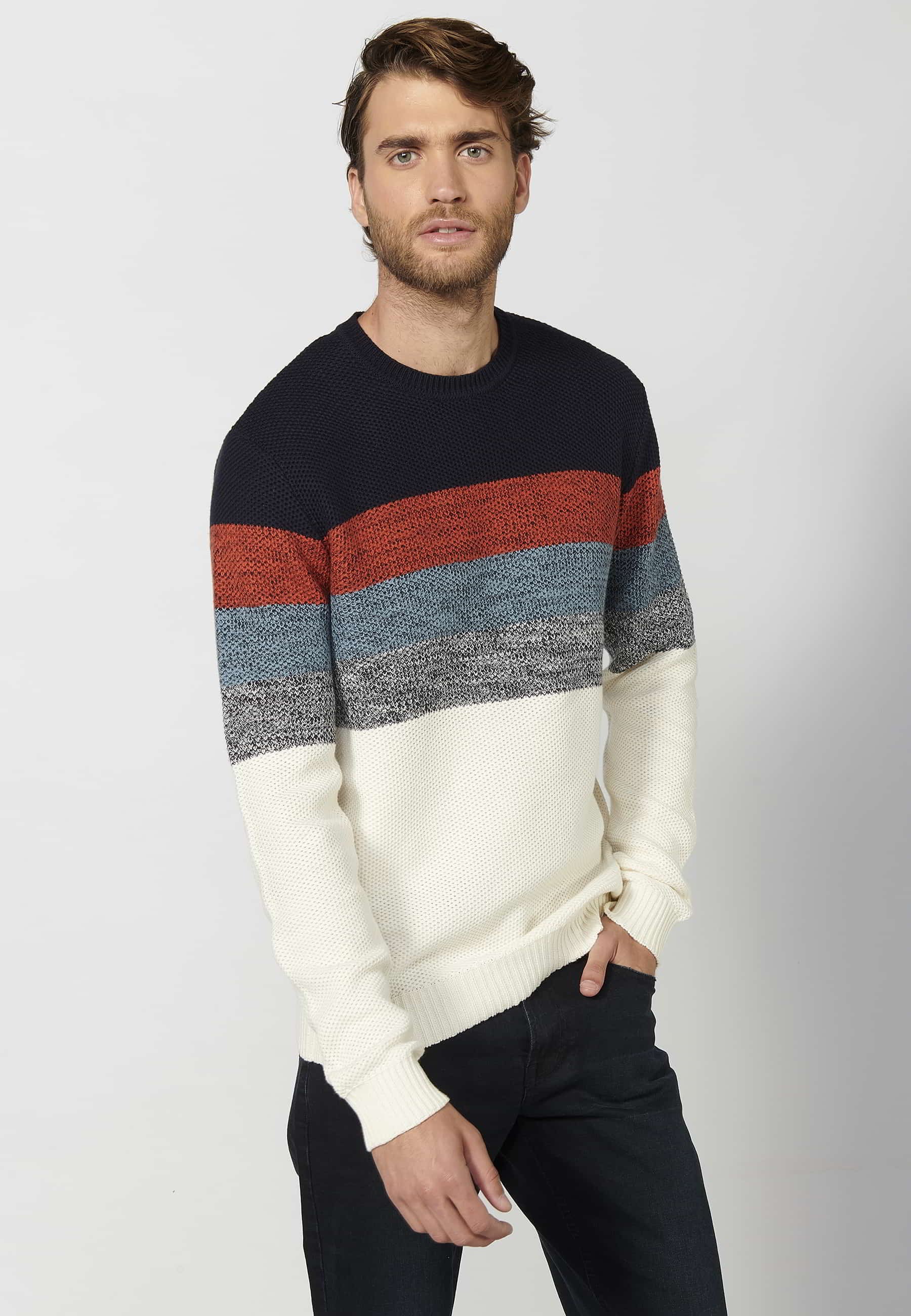 Pull manches longues en coton rayé marine pour Homme